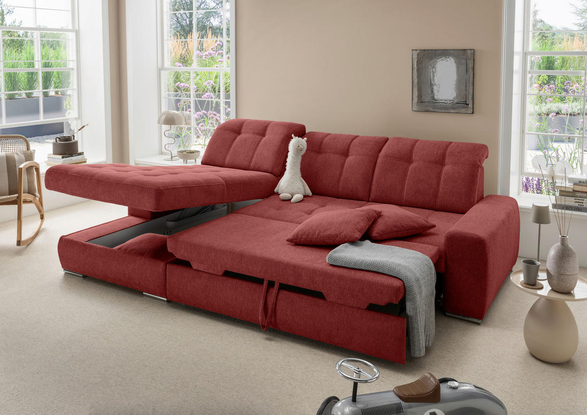 ECKSOFA FRIDO in Chenille Rot  - Chromfarben/Rot, KONVENTIONELL, Textil/Metall (186/283cm) - Livetastic
