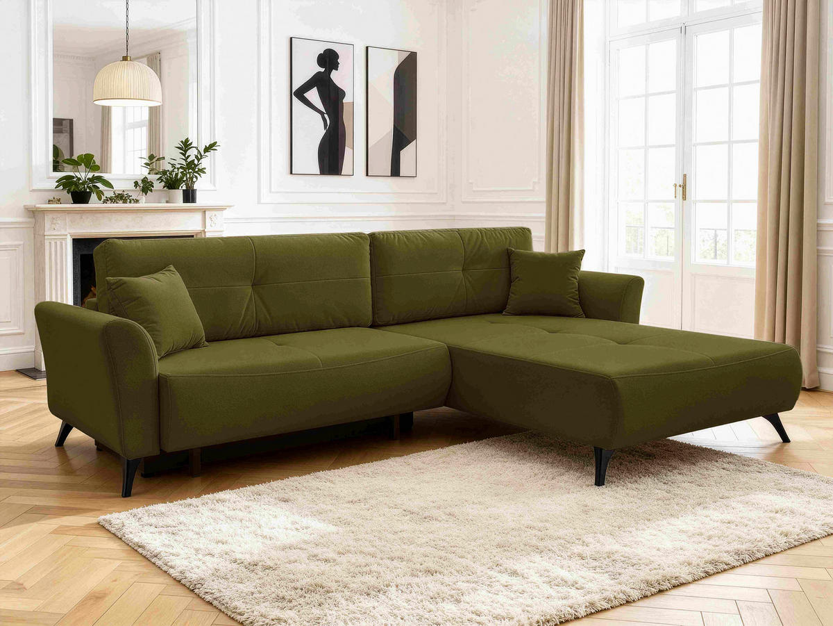 ECKSOFA GEMMA Grün Flachgewebe Zierkissen, Rückenkissen, Bettkasten, Schlaffunktion, Rücken echt, Stauraum  - Schwarz/Grün, Design, Textil/Metall (270/183cm) - P & B