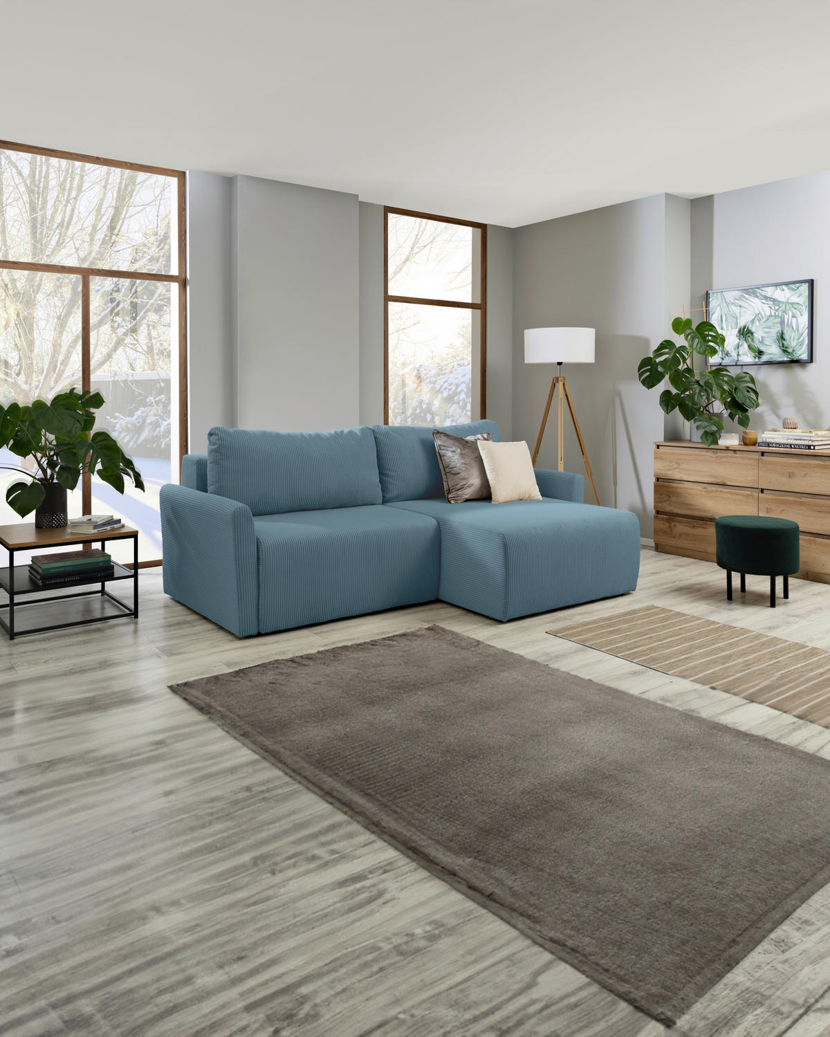 ECKSOFA in Cord Hellblau  228/146 cm  - Schwarz/Hellblau, KONVENTIONELL, Kunststoff/Textil (228/146cm) - MID.YOU