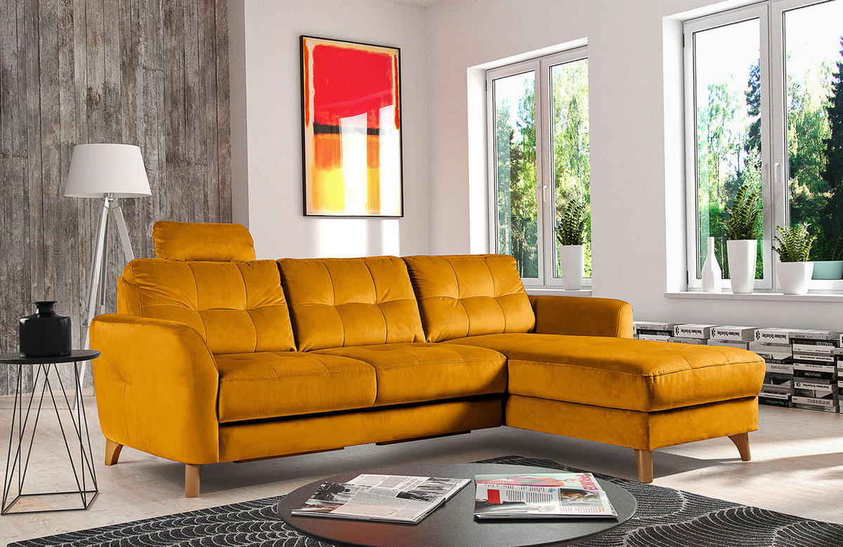 ECKSOFA in Samt Gelb  - Gelb/Buchefarben, Design, Holz/Textil (238/168cm) - Livetastic