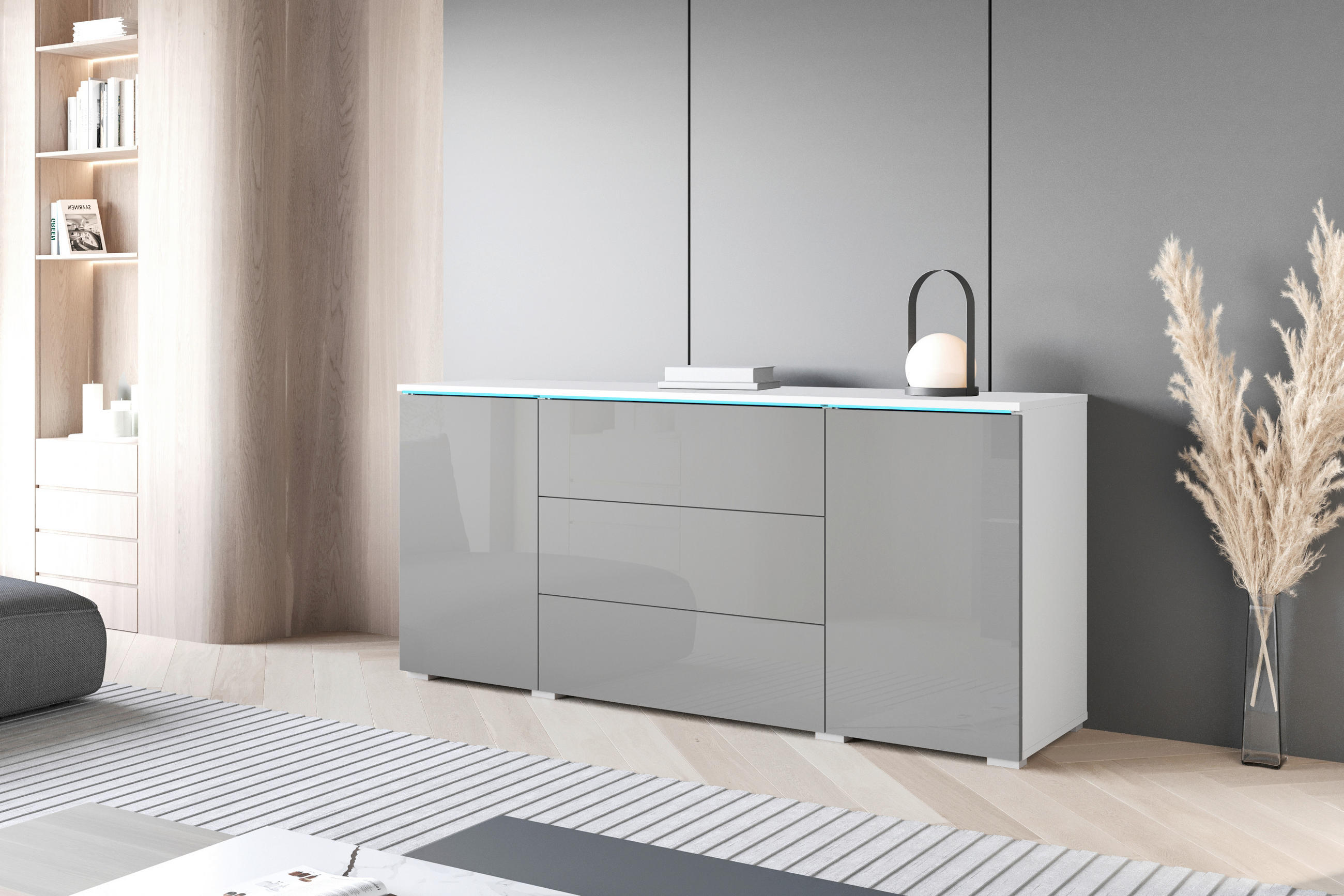 SIDEBOARD  - vit/grå högglans, Trend, trämaterial/plast (150/67,9/39,5cm)