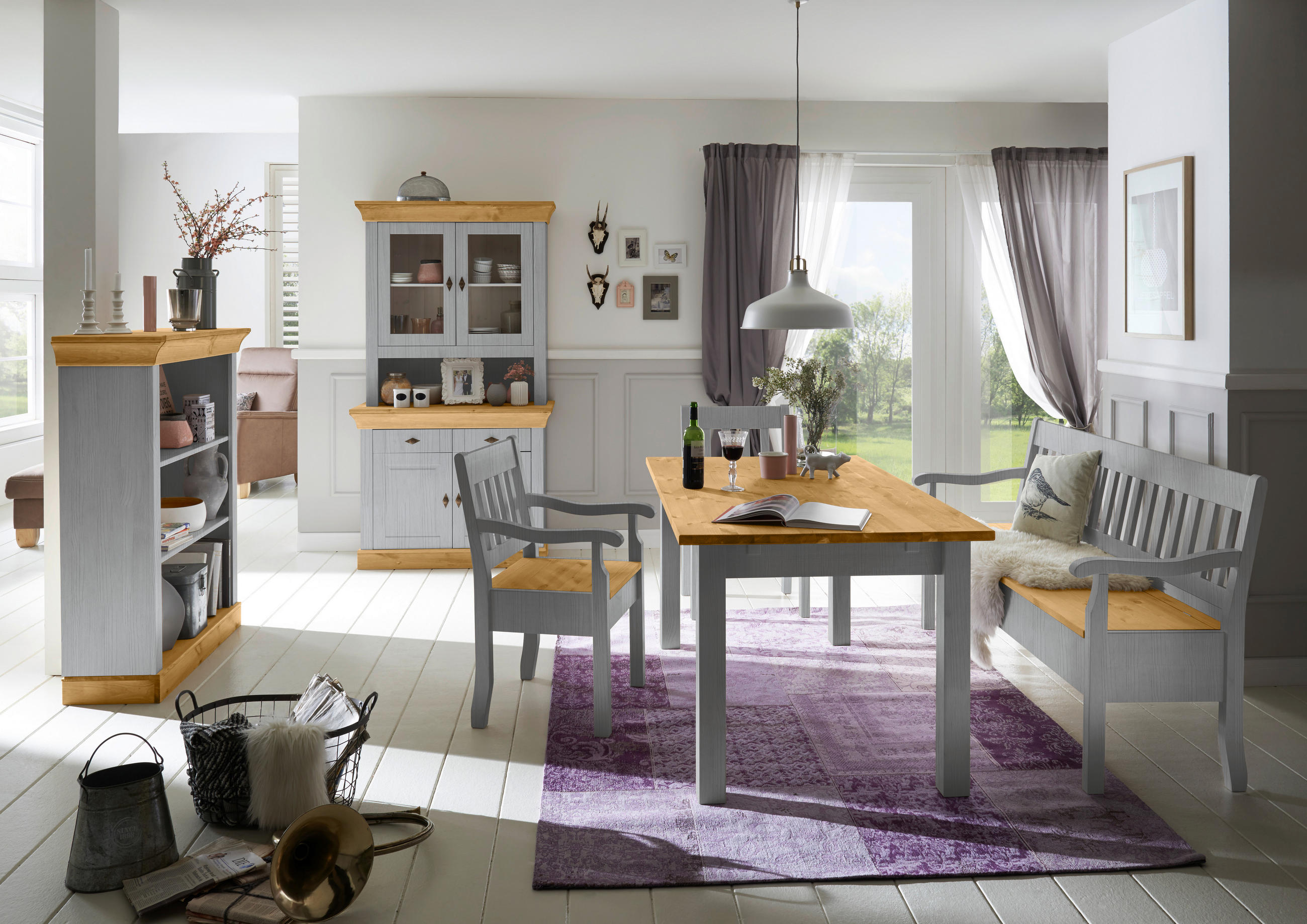 SITZBANK 130/93/58 cm Grau, Laugenfarbig Kiefer massiv  - Laugenfarbig/Grau, ROMANTIK / LANDHAUS, Holz (130/93/58cm) - Boxxx