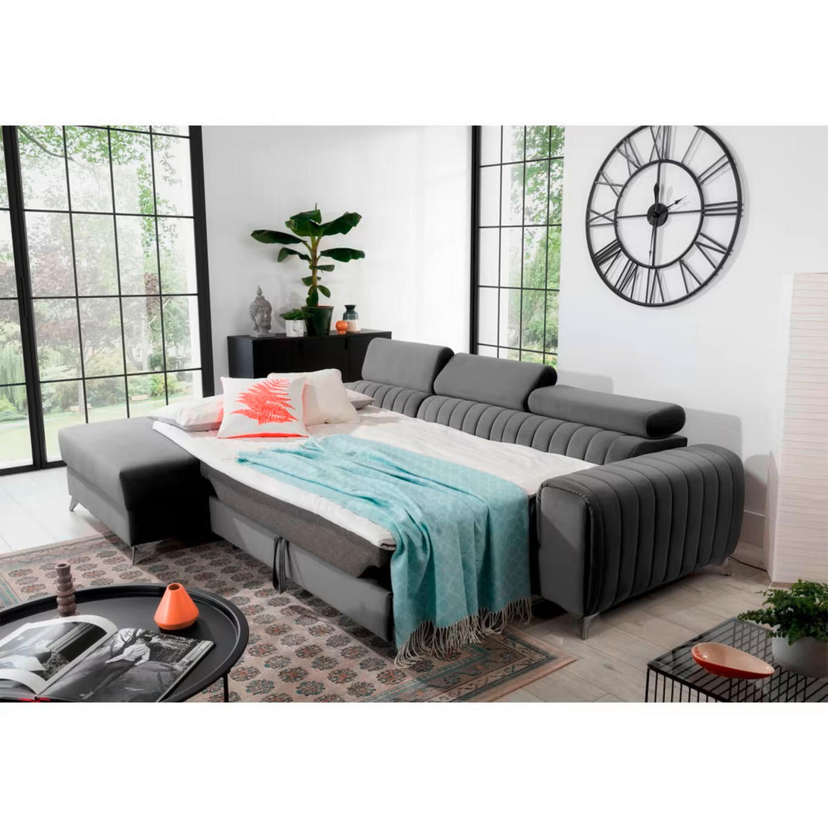 ECKSOFA in Samt Grau  205/278 cm  - Silberfarben/Grau, Design, Textil/Metall (205/278cm) - MID.YOU