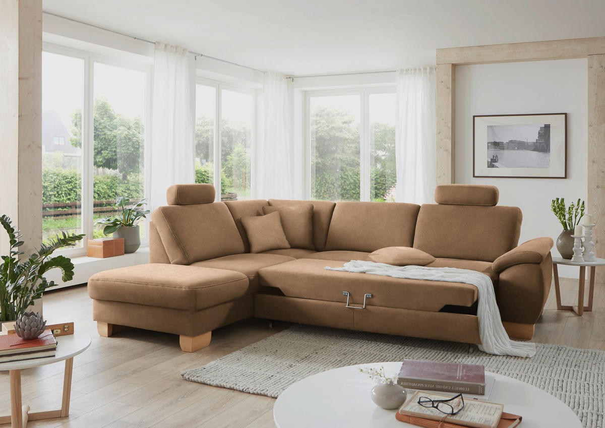 ECKSOFA in Mikrofaser Sandfarben  236/286 cm  - Sandfarben/Wildeiche, KONVENTIONELL, Holz/Textil (236/286cm) - Voleo