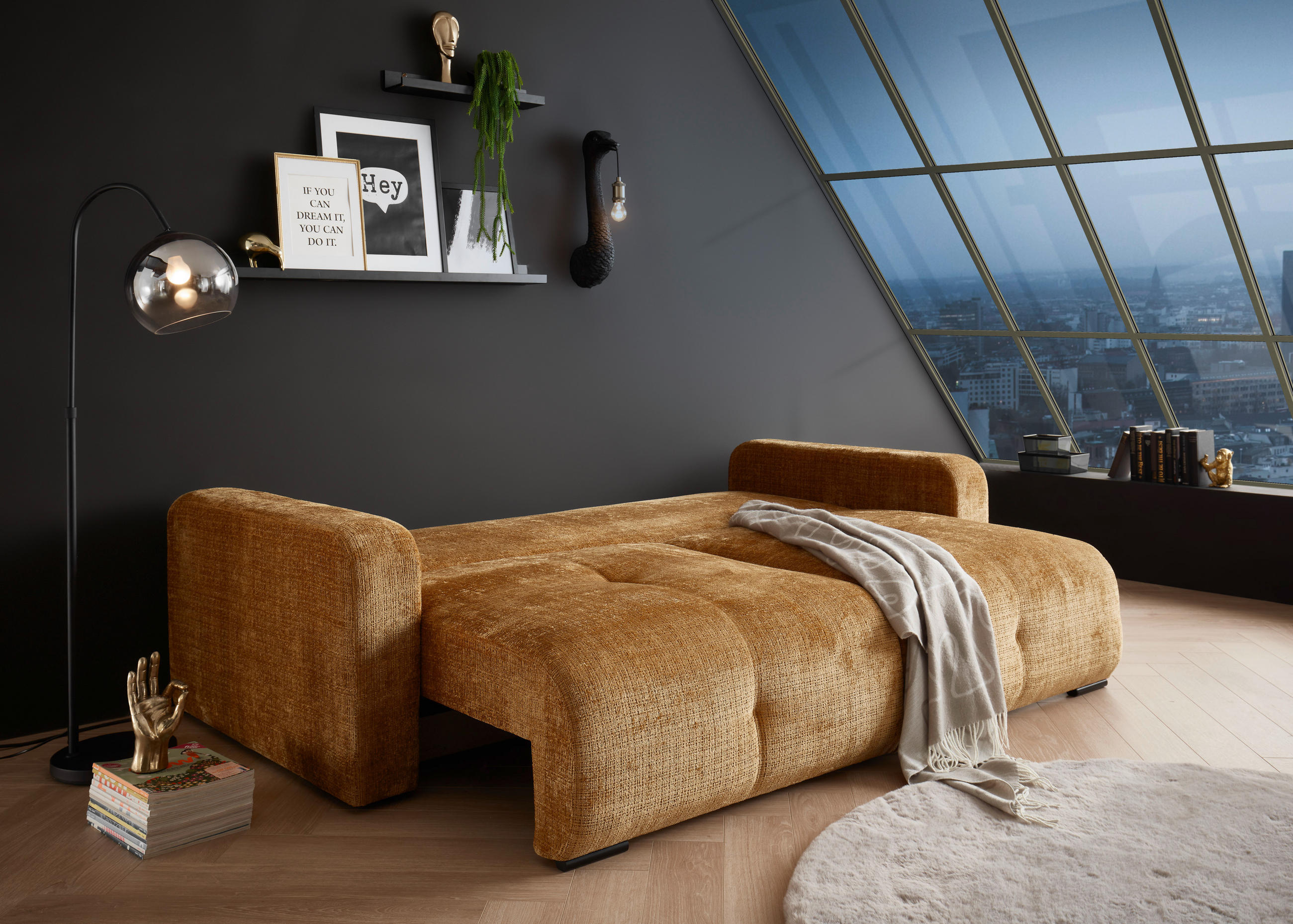 BÄDDSOFFA i chenille guldfärgad  - svart/guldfärgad, Klassisk, textil/plast (235/88/120cm) - MID.YOU