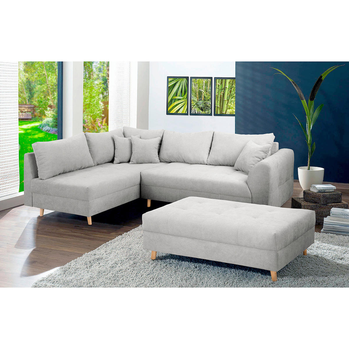 ECKSOFA inkl. Hocker Ariella in Mikrofaser Hellgrau  161/231 cm  - Hellgrau/Naturfarben, Design, Holz/Textil (161/231cm) - Livetastic