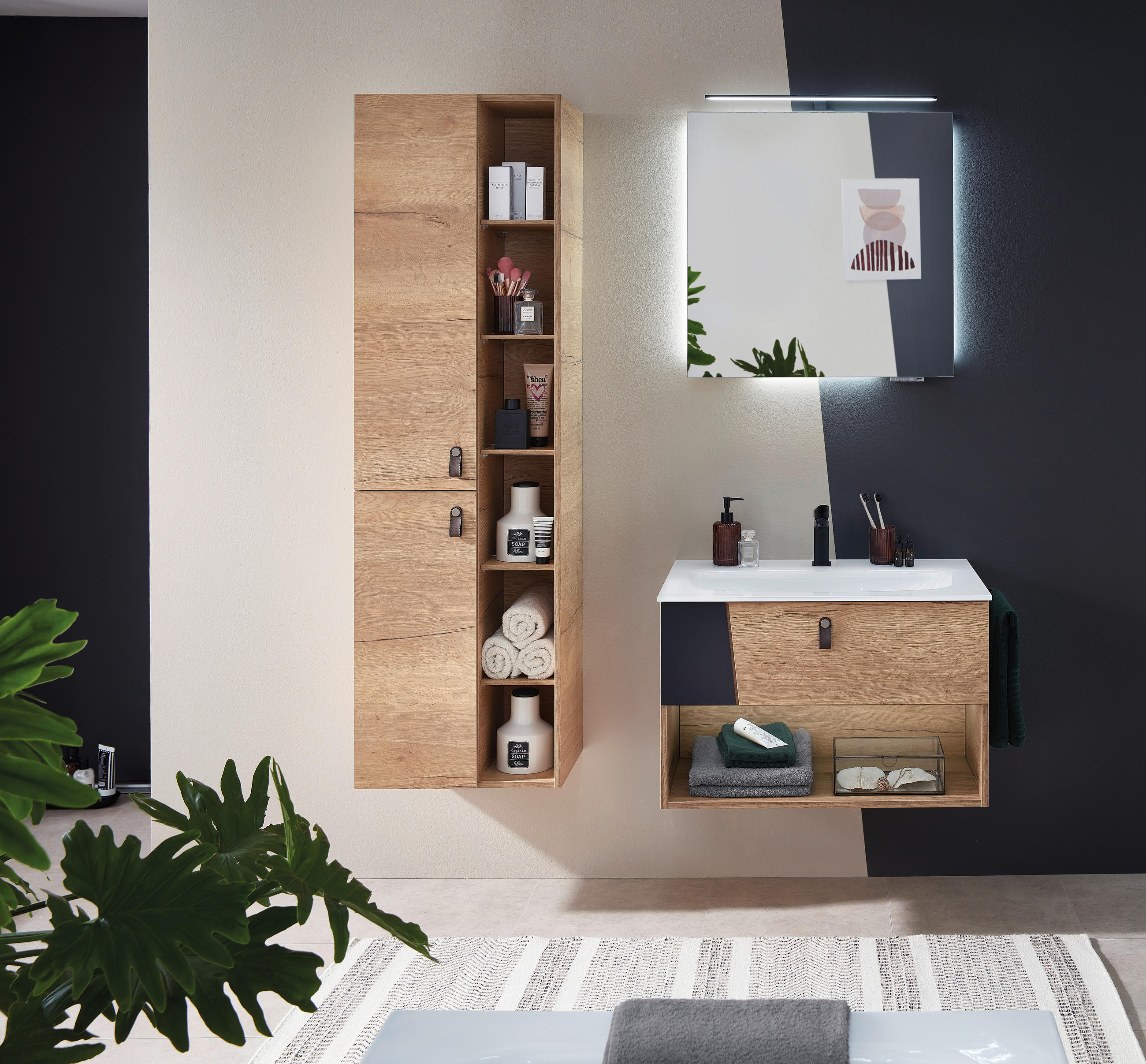 WASCHTISCHKOMBI 77 cm  - Eichefarben/Schwarz, KONVENTIONELL, Leder/Glas (77cm) - Sadena