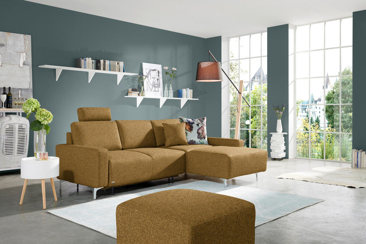 ECKSOFA  in Mikrovelours Senfgelb  248/160 cm  - Senfgelb/Alufarben, Design, Textil/Metall (248/160cm) - Sedda
