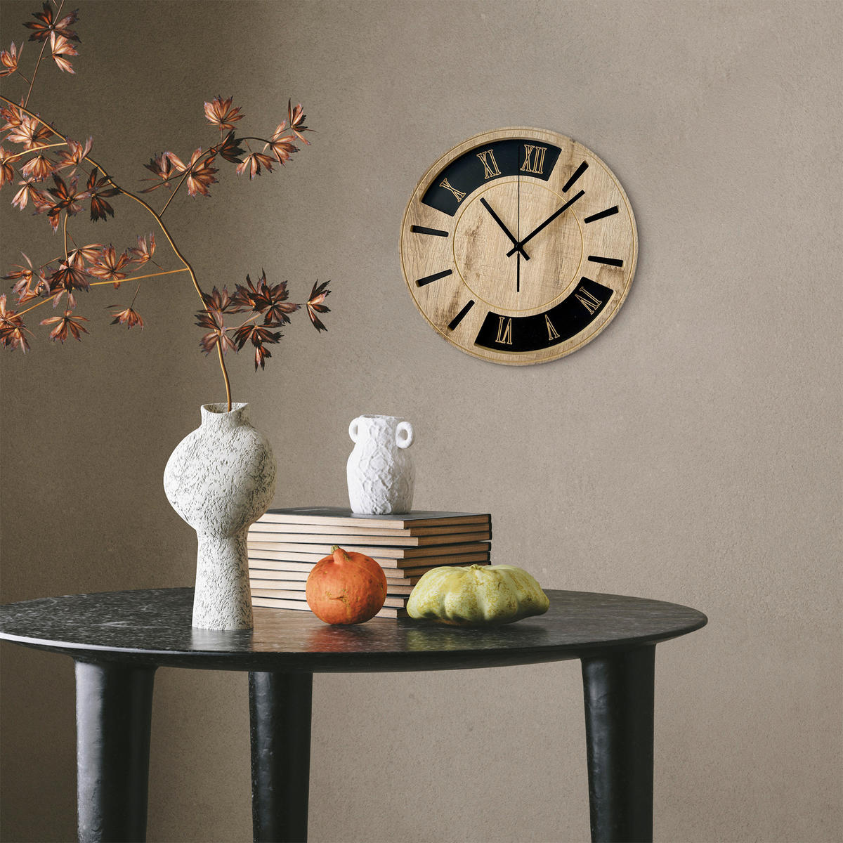 WANDUHR Schwarz, Eichefarben  - Eichefarben/Schwarz, Basics, Holz/Kunststoff (36cm)