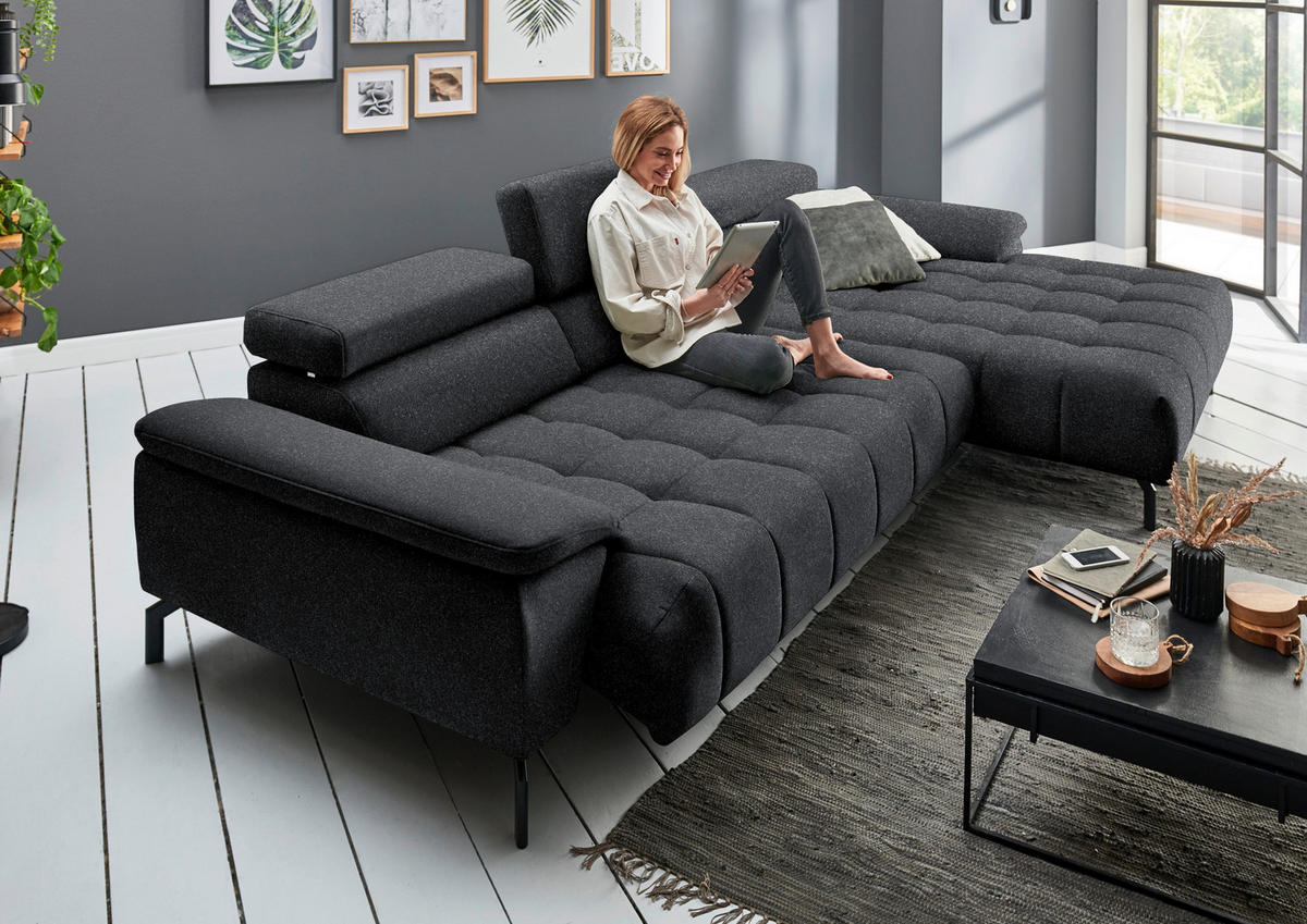 ECKSOFA in Chenille Anthrazit  329/190 cm  - Anthrazit/Schwarz, Design, Textil/Metall (329/190cm) - Beldomo Style