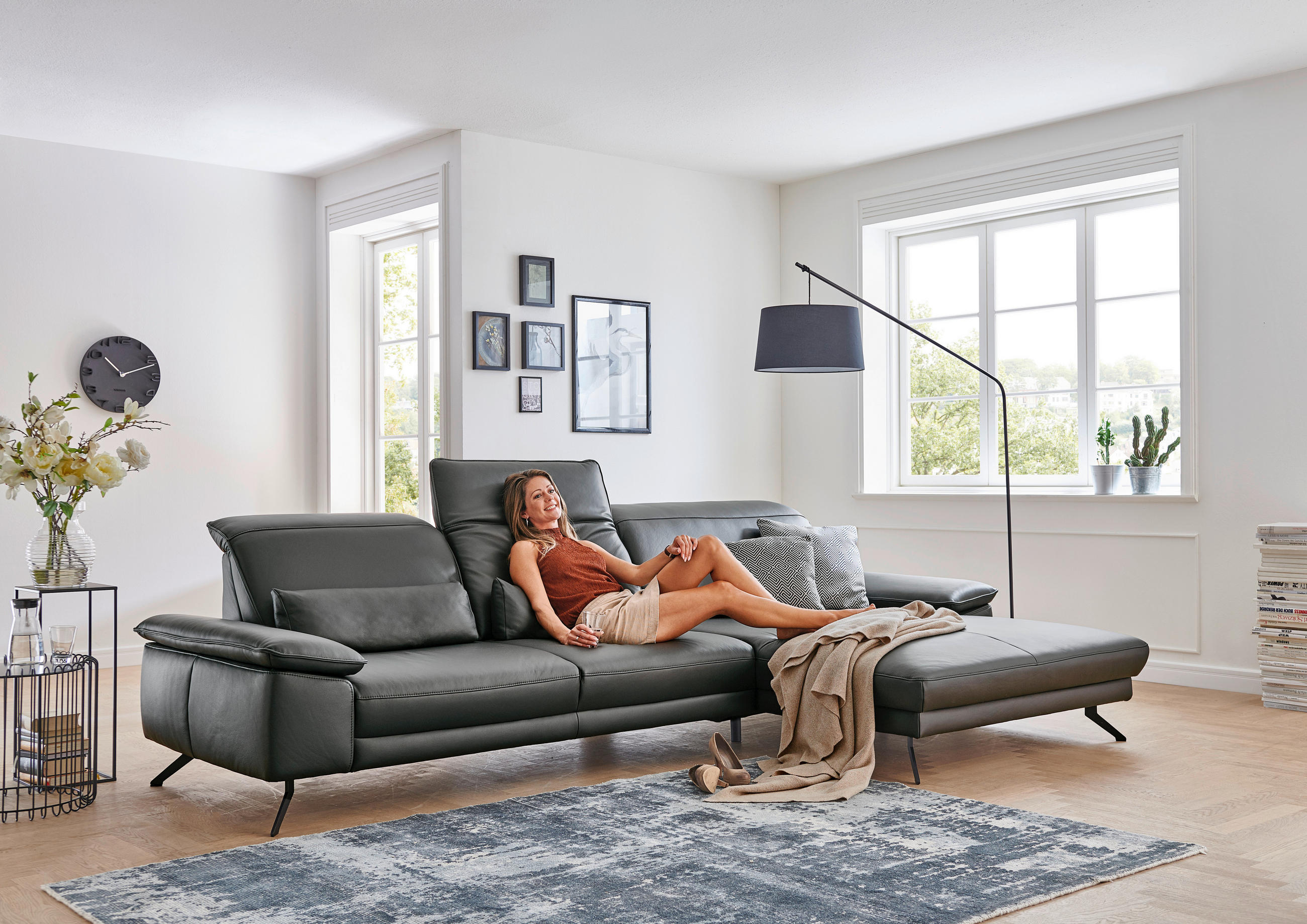 ROHOVÁ SEDAČKA, kůže, antracitová - černá/antracitová, Design, kov/kůže (328/193cm) - Dieter Knoll