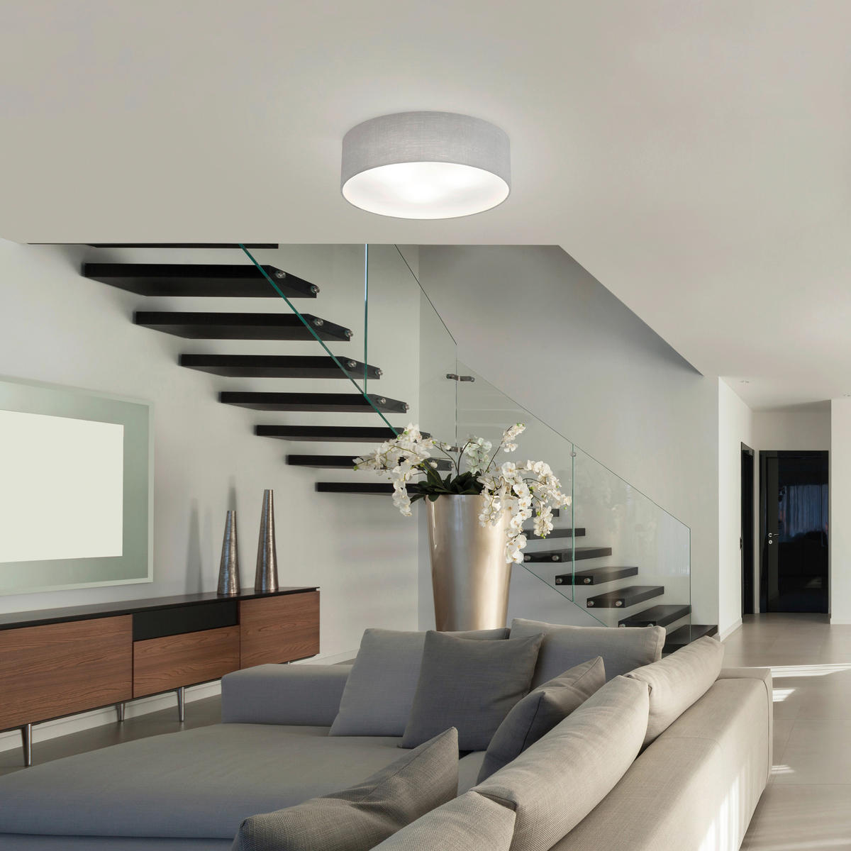 DECKENLEUCHTE  45/10 cm    - Weiss/Hellgrau, Basics, Textil/Metall (45/10cm) - Fischer & Honsel