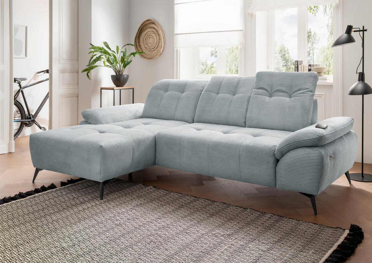 ECKSOFA FIORE in Cord Hellblau Kopfteilverstellung, Sitzvorzug  180/280 cm  - Schwarz/Hellblau, MODERN, Textil/Metall (180/280cm) - Livetastic