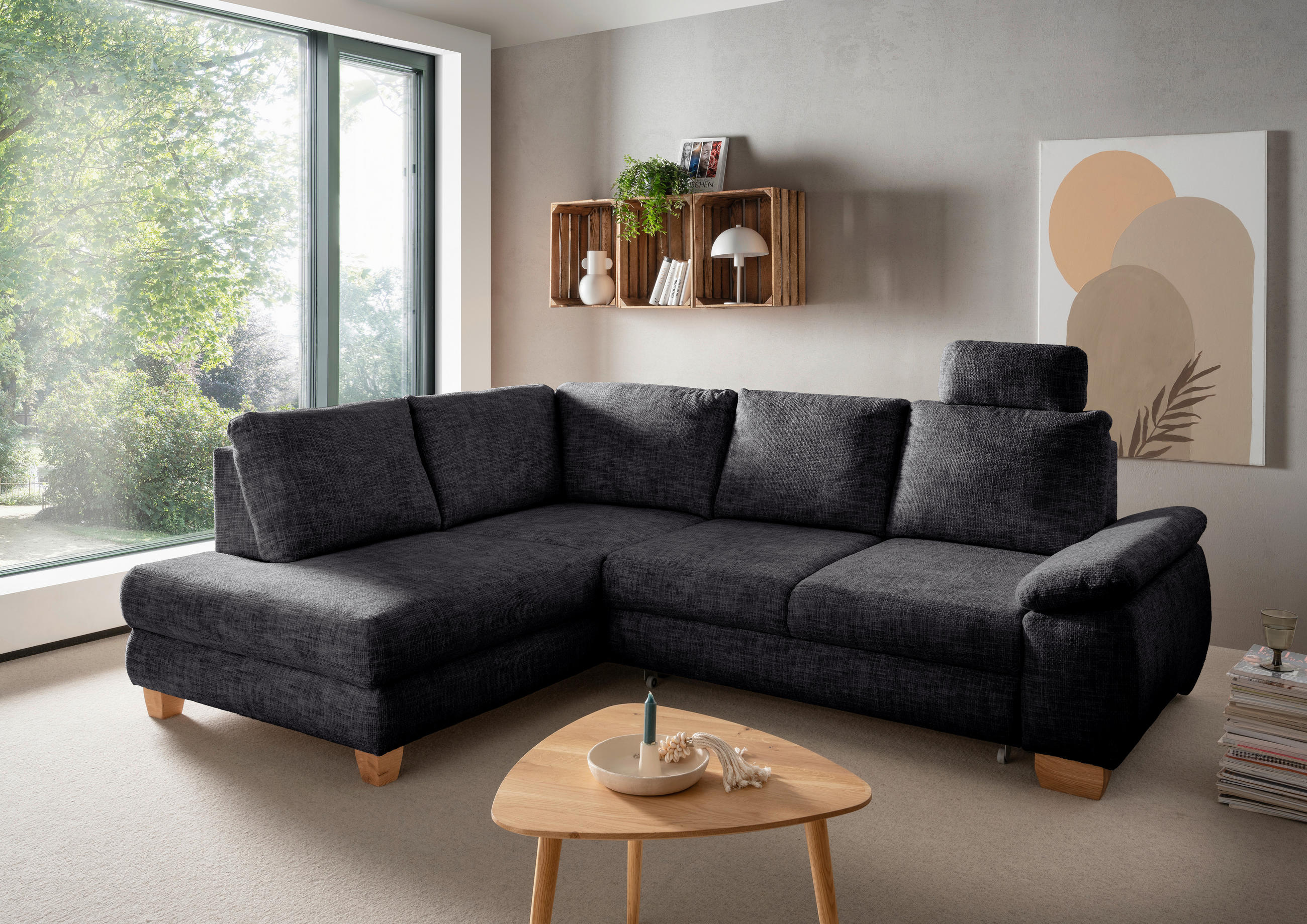 ECKSCHLAFSOFA Struktur Schwarz  - Wildeiche/Schwarz, MODERN, Holz/Textil (206/265cm) - Livetastic