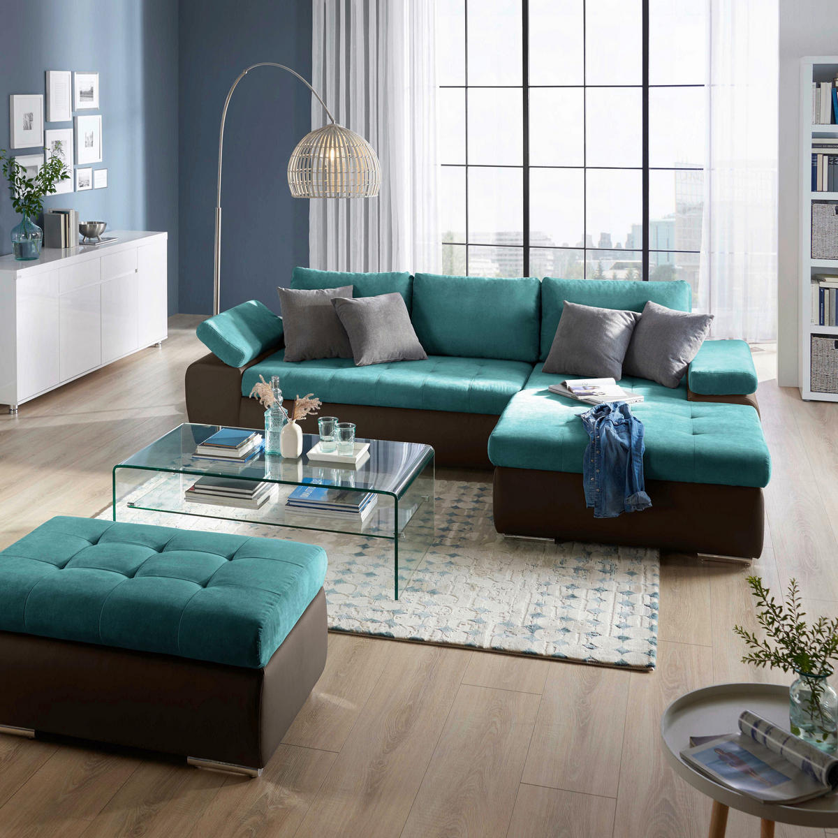 ECKSOFA Türkis, Schlammfarben Flachgewebe  - Türkis/Schlammfarben, Design, Kunststoff/Textil (271/175cm) - MID.YOU