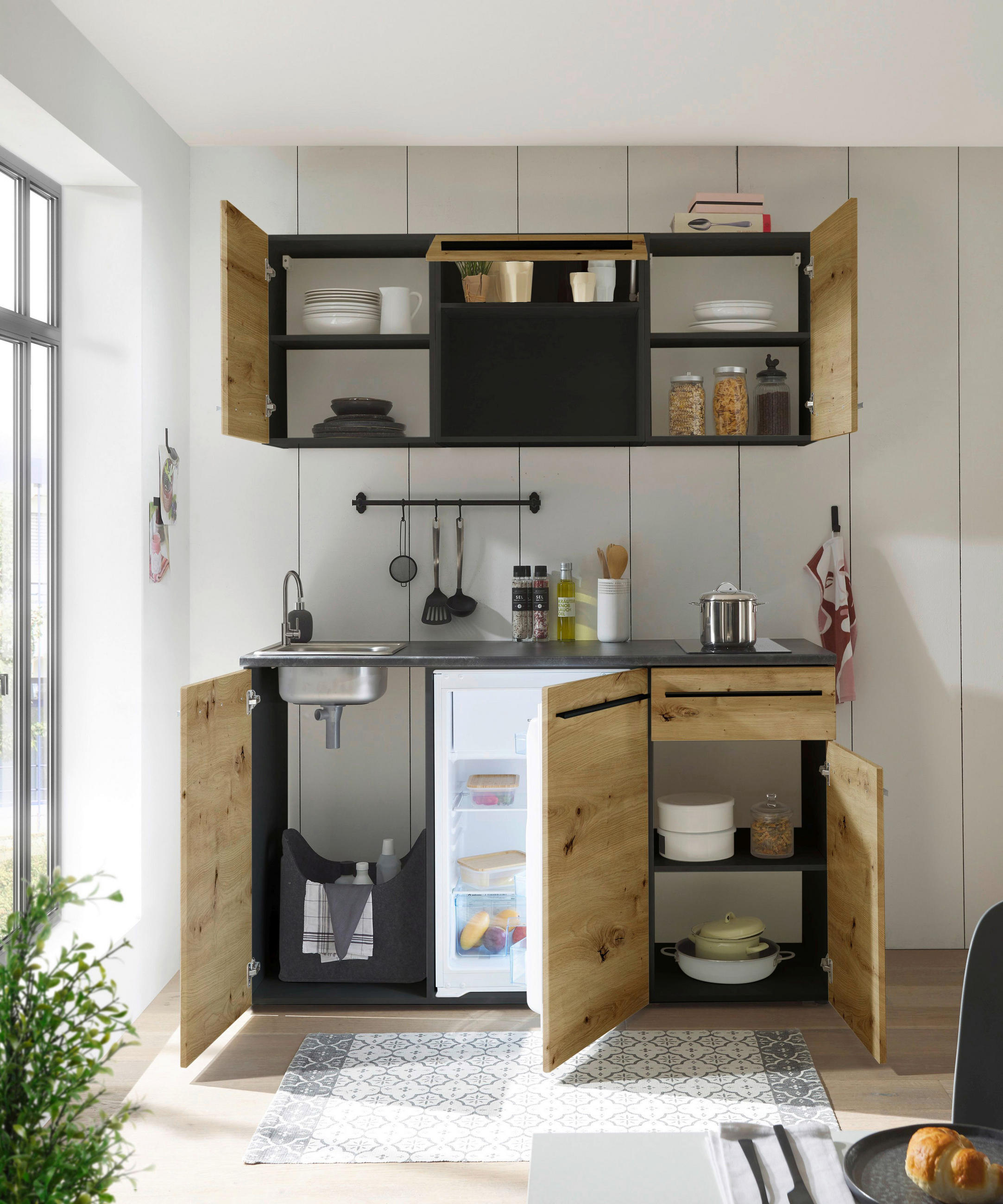 KÜCHENBLOCK 160 cm   in Braun, Eiche Artisan  - Schwarz/Eiche Artisan, Trend, Holzwerkstoff/Kunststoff (160cm) - Carryhome