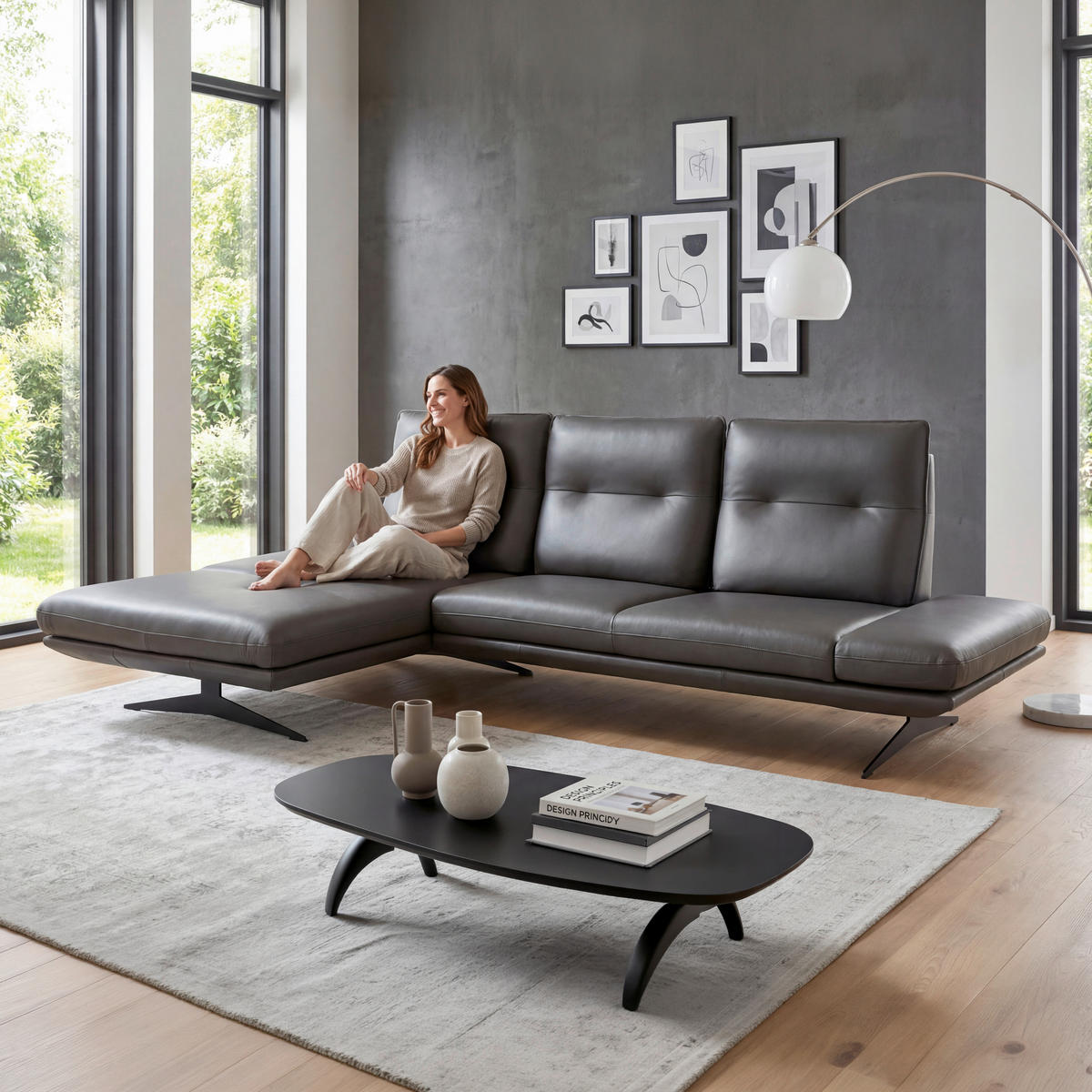 ECKSOFA Dunkelgrau Echtleder Rücken echt, Armteilverstellung, Kopfteilverstellung, Sitztiefenverstellung  - Dunkelgrau/Schwarz, Design, Leder/Metall (180/291cm) - Celina Home