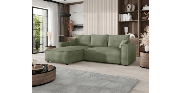 ECKSOFA Salbeigrün Cord Zierkissen, Rückenkissen, Bettkasten, Schlaffunktion, Rücken echt, Liegefläche im Originalstoff  - Salbeigrün/Schwarz, MODERN, Kunststoff/Textil (190/280cm) - Carryhome
