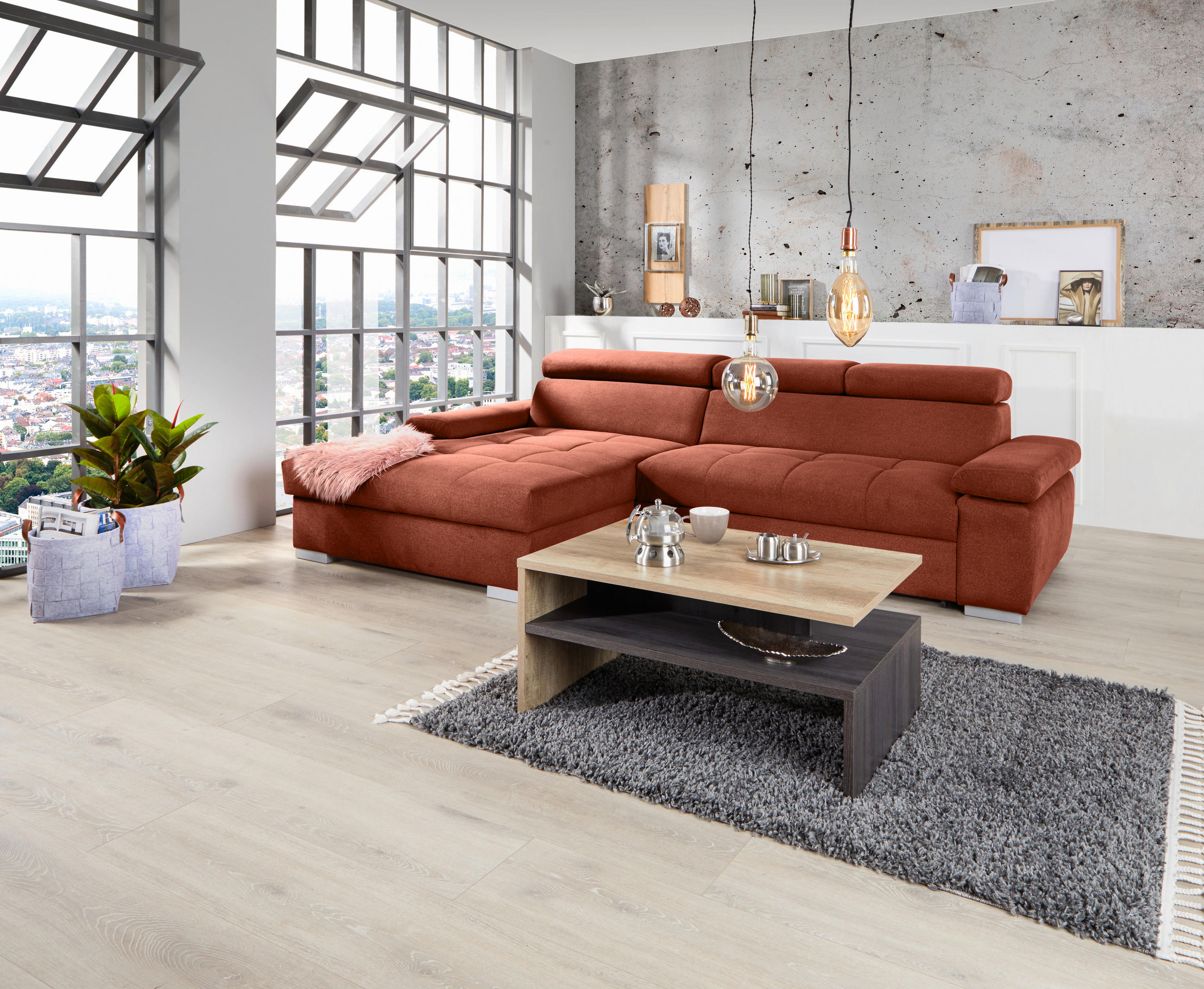 ECKSOFA in Velours Rostfarben  - Rostfarben/Silberfarben, Design, Holz/Textil (183/292cm) - Livetastic