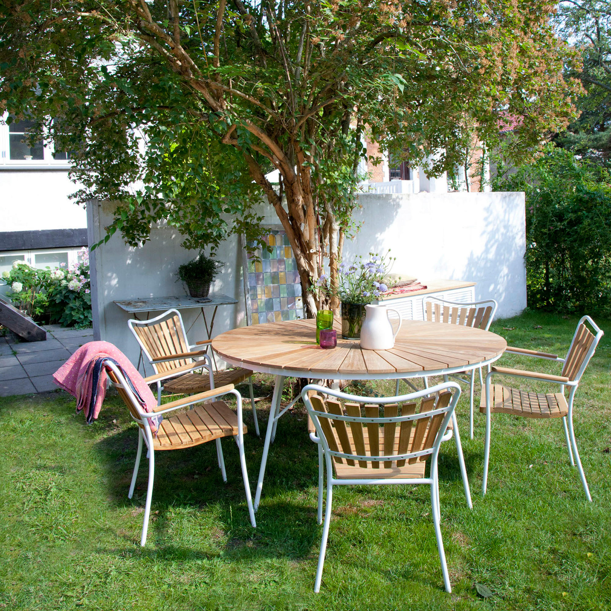 GARTENTISCHGRUPPE Teakholz vollmassiv Aluminium  - Weiß Hochglanz/Teakfarben, Natur, Holz/Metall (180/180/78cm) - Gardenson