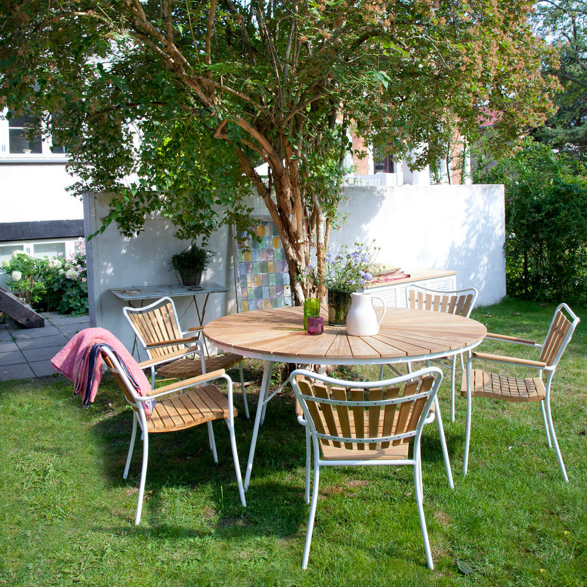 GARTENTISCHGRUPPE  - Weiß Hochglanz/Teakfarben, Natur, Holz/Metall (180/180/78cm) - Gardenson