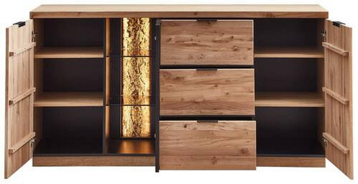 SIDEBOARD Schwarz, Wildeiche  180/93/48 cm  - Wildeiche/Schwarz, Natur, Glas/Holz (180/93/48cm) - Linea Natura