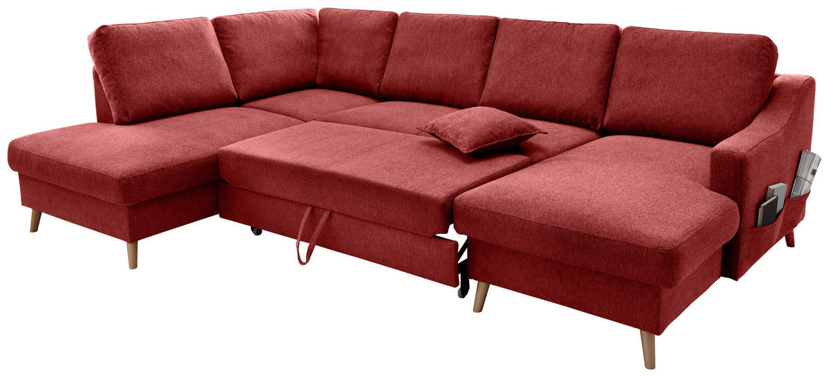 WOHNLANDSCHAFT in Chenille Rot  - Rot/Naturfarben, Konventionell, Holz/Textil (200/301/150cm) - Livetastic