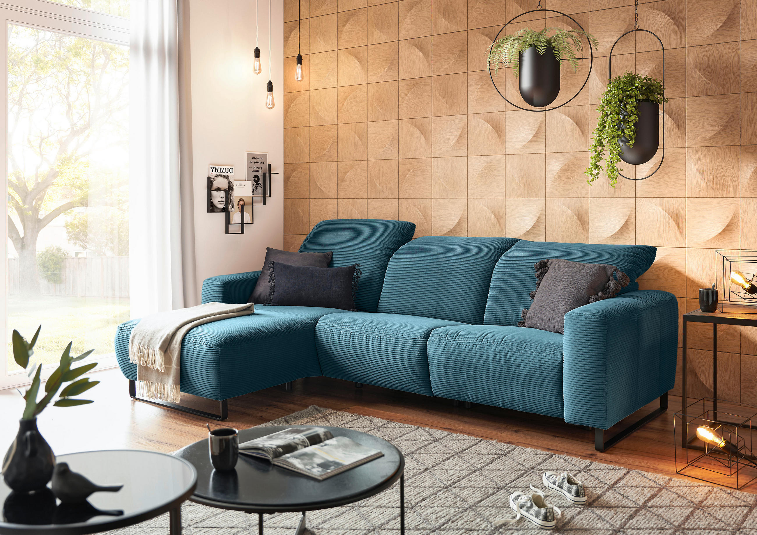 ECKSOFA in Cord Petrol  - Petrol/Schwarz, Konventionell, Textil/Metall (180/266cm) - Hom`in