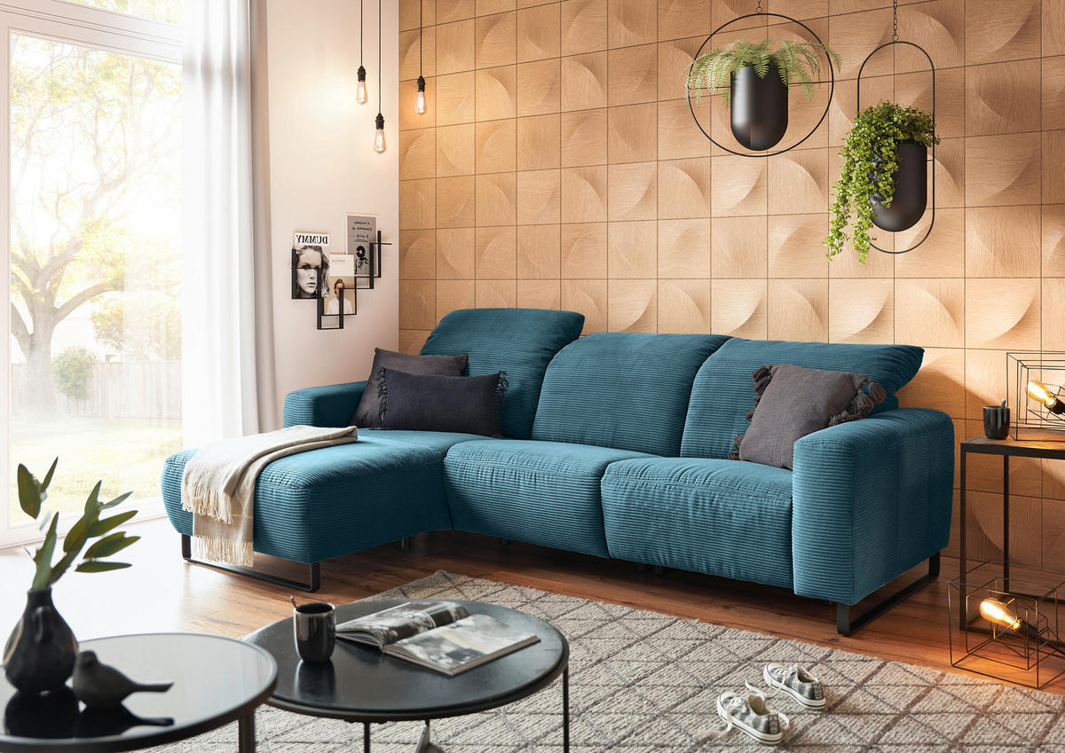 ECKSOFA in Cord Petrol  - Petrol/Schwarz, Konventionell, Textil/Metall (180/266cm) - Hom`in