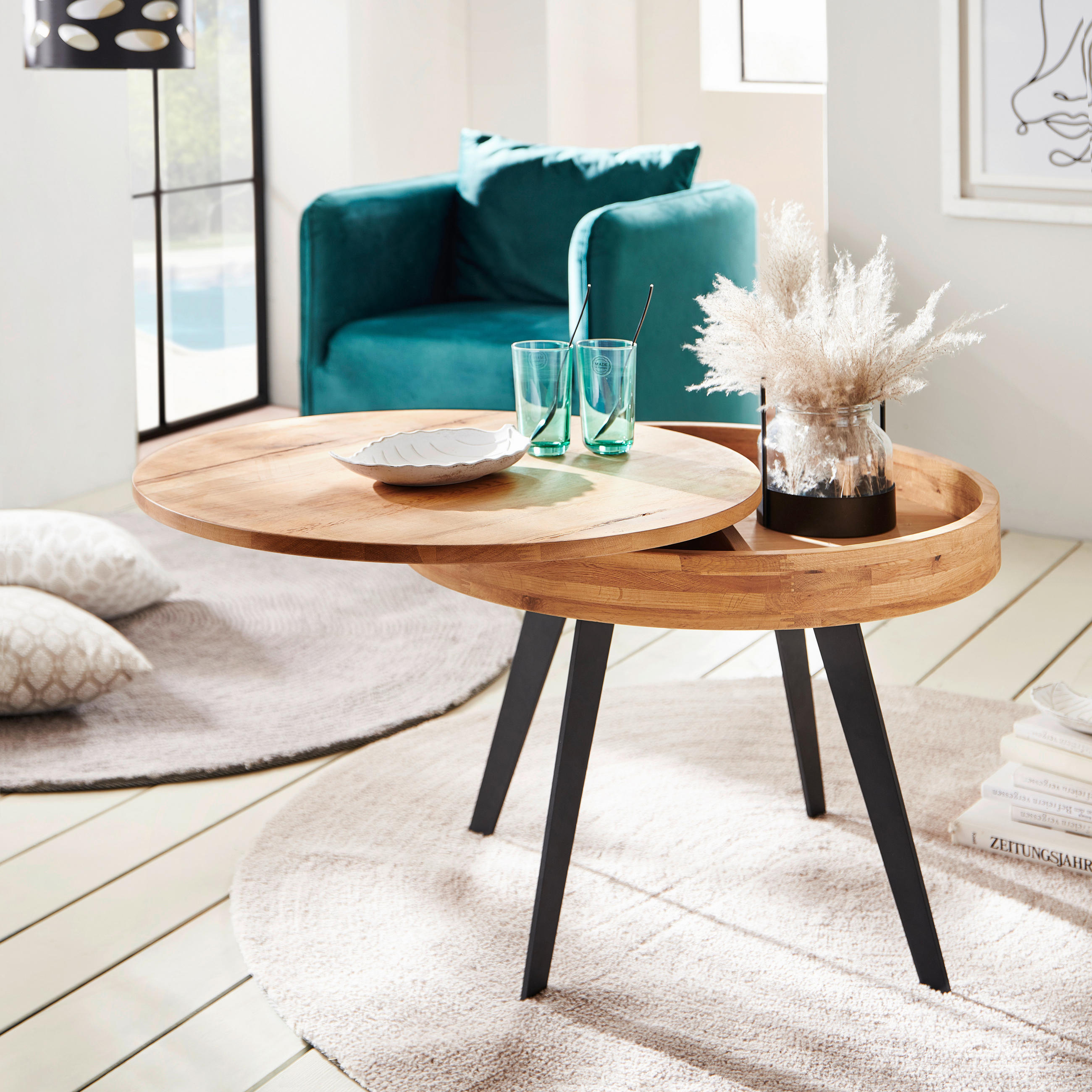 COUCHTISCH Eiche furniert, Sperrholz rund Naturfarben, Schwarz  - Schwarz/Naturfarben, MODERN, Holz/Holzwerkstoff (70/56cm) - Livetastic