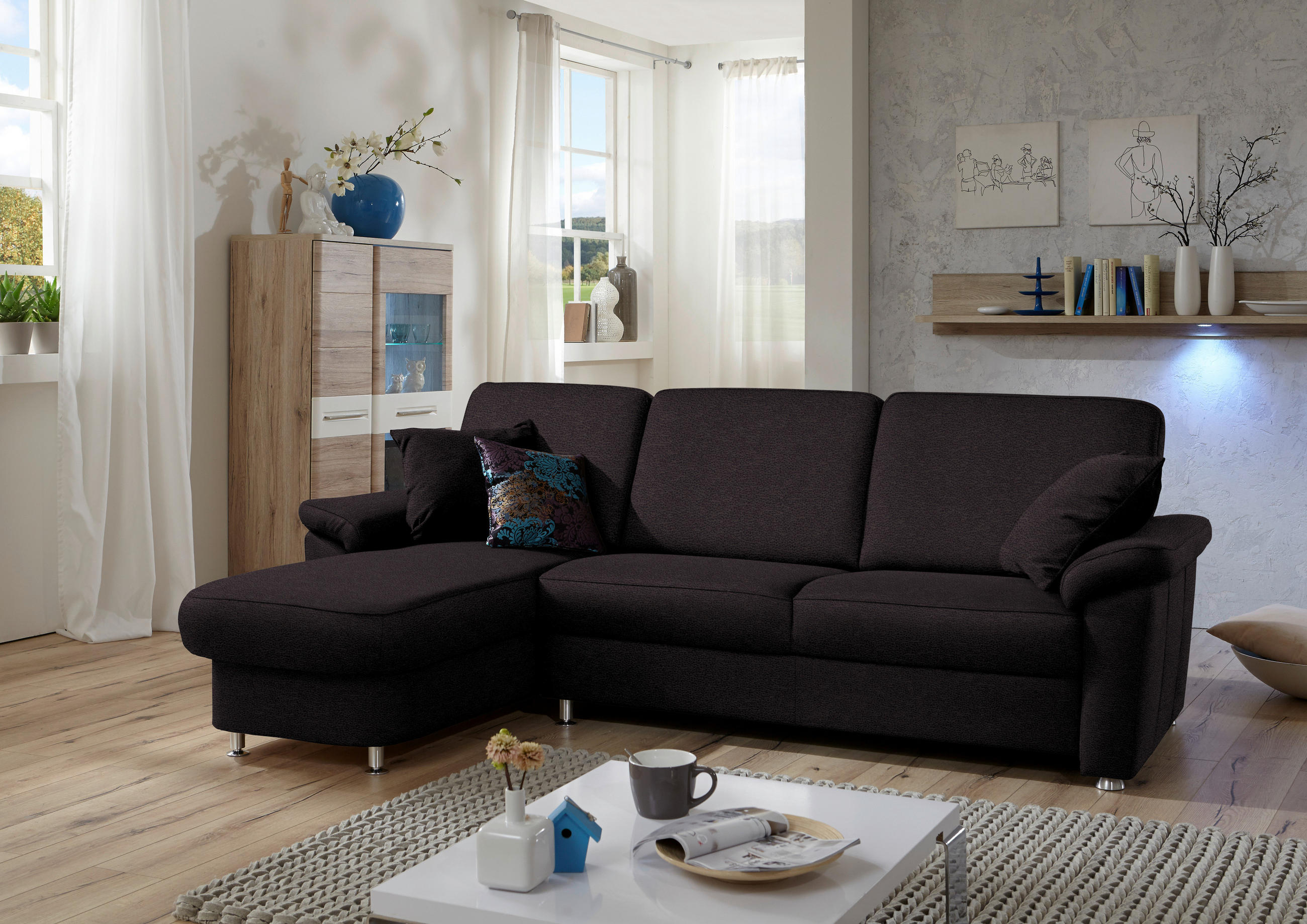 ECKSOFA in Flachgewebe Anthrazit  - Chromfarben/Anthrazit, Konventionell, Textil/Metall (163/250cm) - Beldomo System