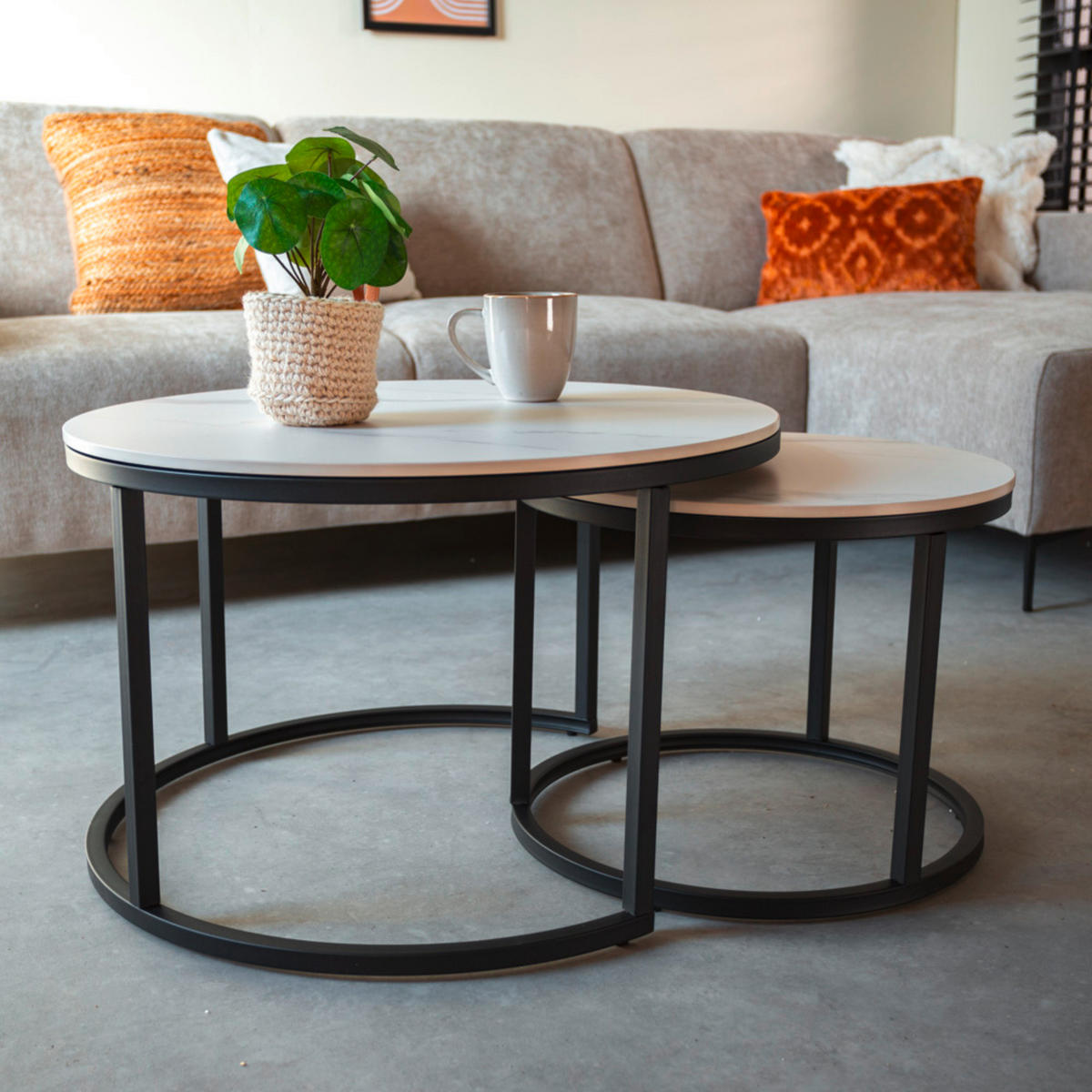 COUCHTISCH rund Weiß  - Schwarz/Weiß, MODERN, Stein/Metall (68/43/68cm) - MID.YOU