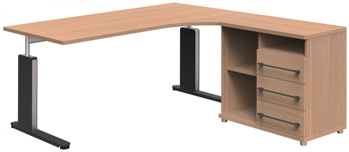 ECKSCHREIBTISCH 180/180/72-78 cm  in Anthrazit, Eichefarben, Alufarben  - Eichefarben/Anthrazit, Konventionell, Holzwerkstoff/Metall (180/180/72-78cm) - Moderano