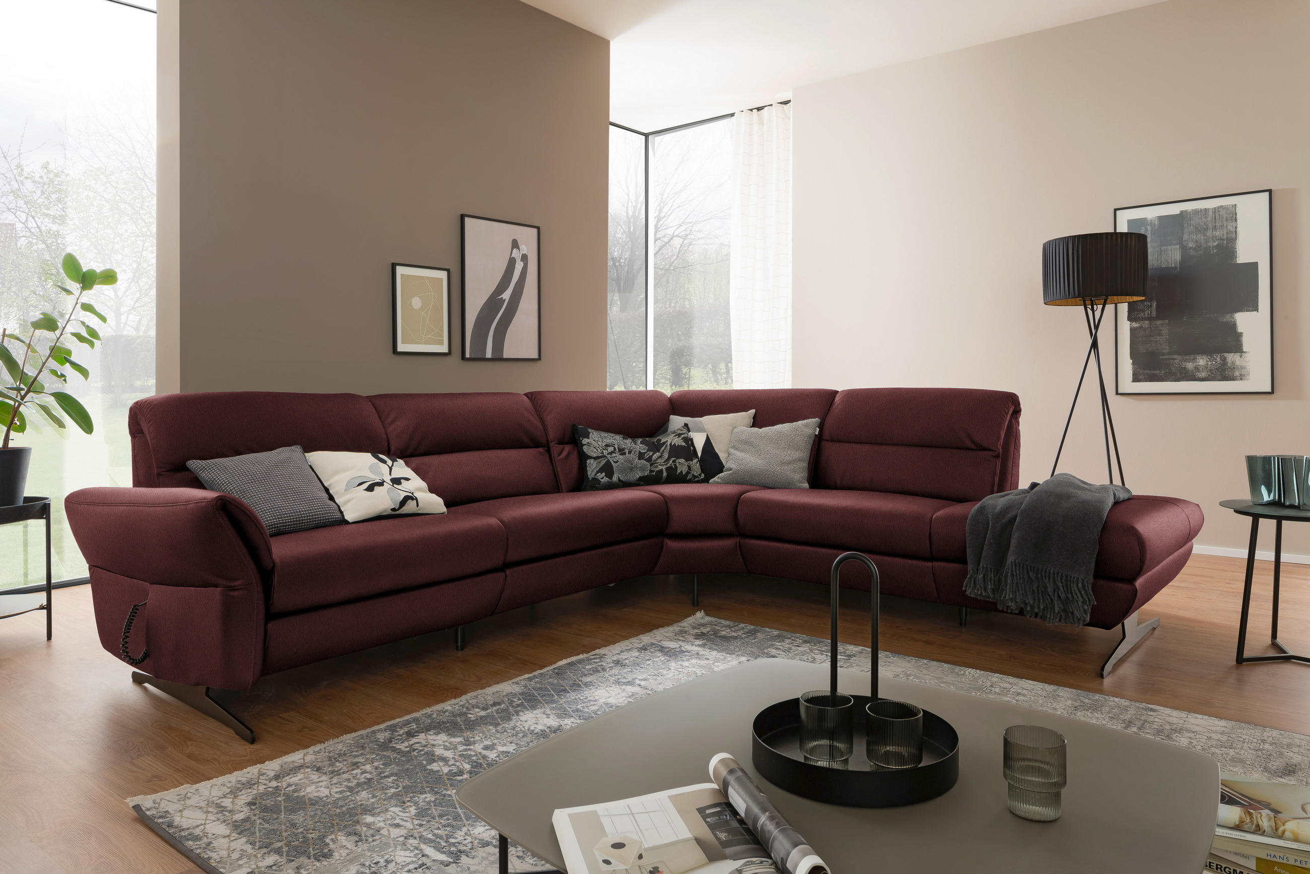 ECKSOFA Bordeaux Echtleder  - Bordeaux/Schwarz, Design, Leder/Metall (286/258cm) - Schöner Wohnen