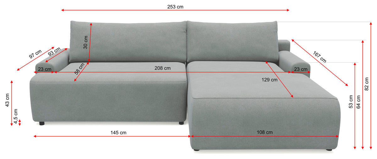 ECKSCHLAFSOFA in Cord Anthrazit  - Anthrazit/Schwarz, Modern, Kunststoff/Textil (167/253cm) - Trendmanufaktur