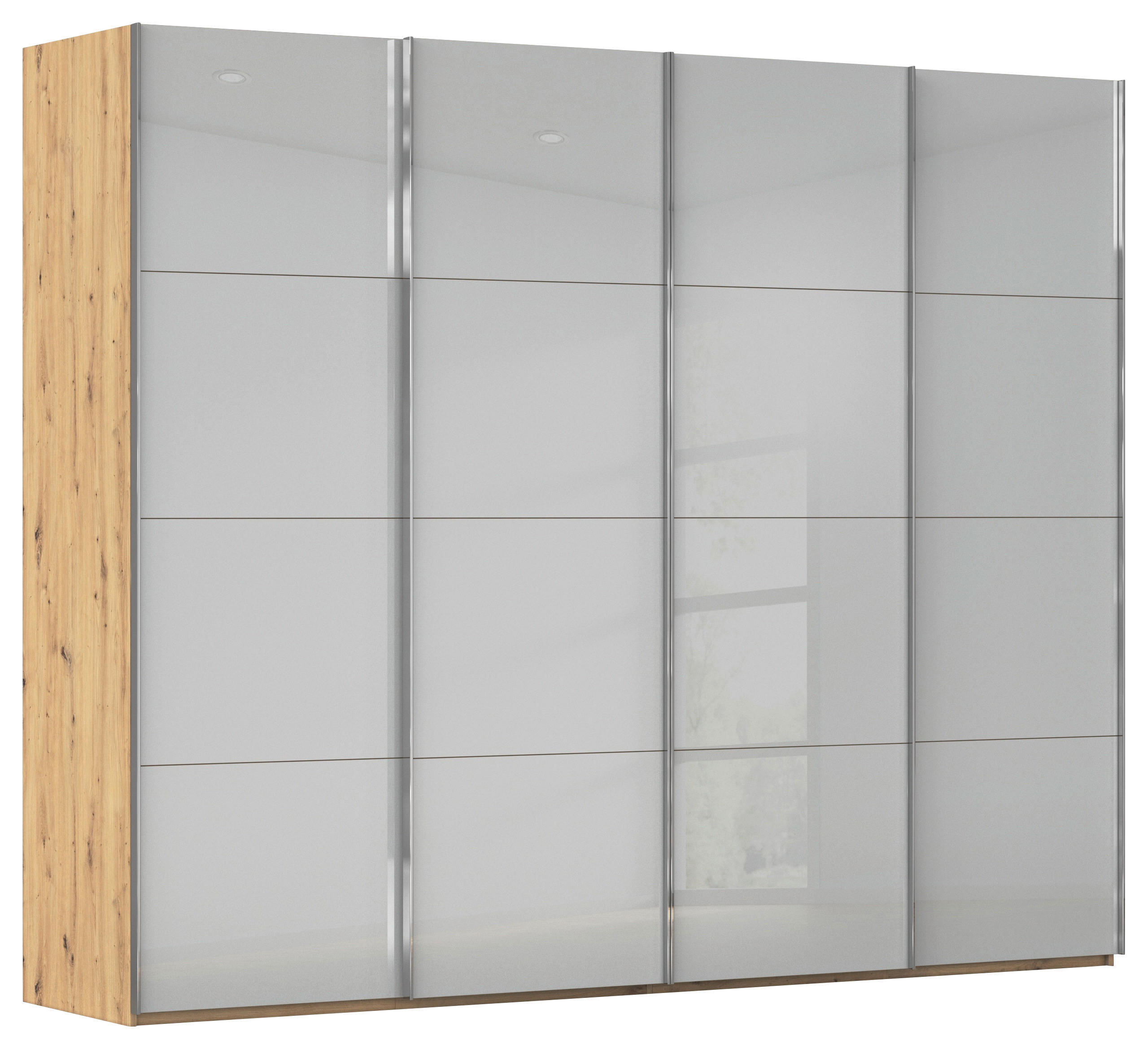 SCHWEBETÜRENSCHRANK 271/223/68 cm 4-türig Grau, Eiche Artisan  - Chromfarben/Eiche Artisan, Design, Glas/Holzwerkstoff (271/223/68cm) - Novel