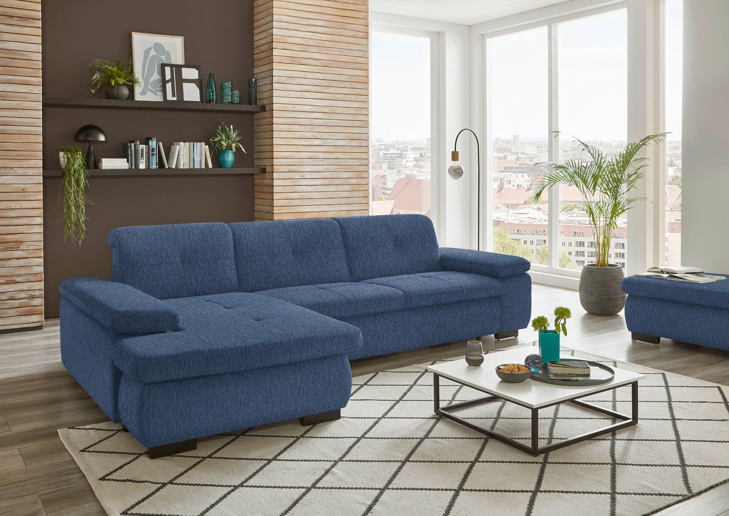 ECKSOFA in Flachgewebe Dunkelblau  - Schwarz/Dunkelblau, Design, Textil/Metall (174/297cm) - Beldomo Style