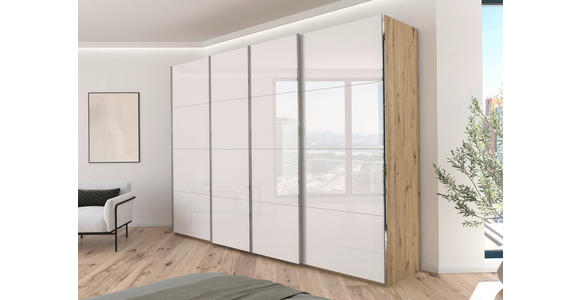 SCHWEBETÜRENSCHRANK 316/223/68 cm 4-türig Weiß, Eiche Artisan  - Chromfarben/Weiß, Design, Glas/Holzwerkstoff (316/223/68cm) - Novel