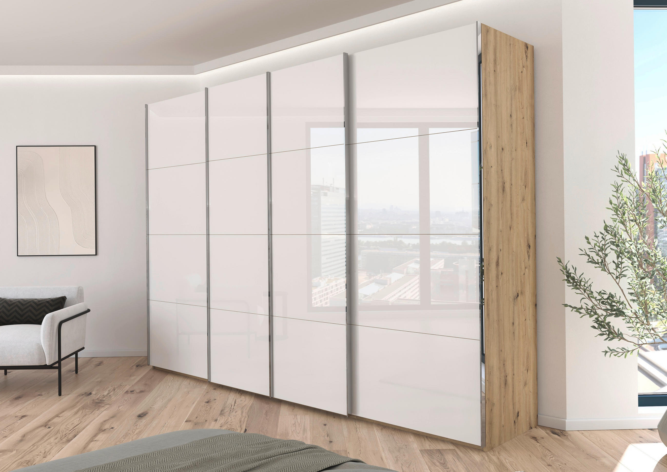 SCHWEBETÜRENSCHRANK 316/223/68 cm 4-türig Weiß, Eiche Artisan  - Chromfarben/Weiß, Design, Glas/Holzwerkstoff (316/223/68cm) - Novel