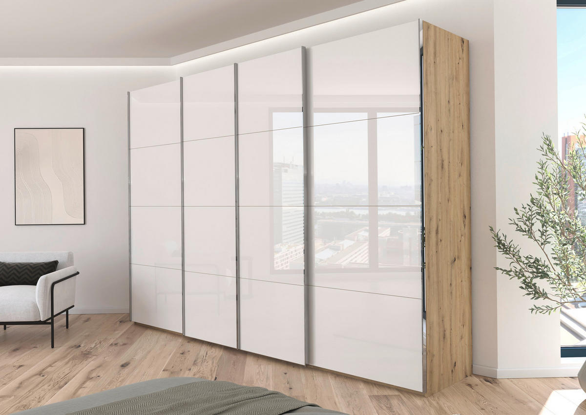 SCHWEBETÜRENSCHRANK 316/223/68 cm 4-türig Weiß, Eiche Artisan  - Chromfarben/Weiß, Design, Glas/Holzwerkstoff (316/223/68cm) - Novel