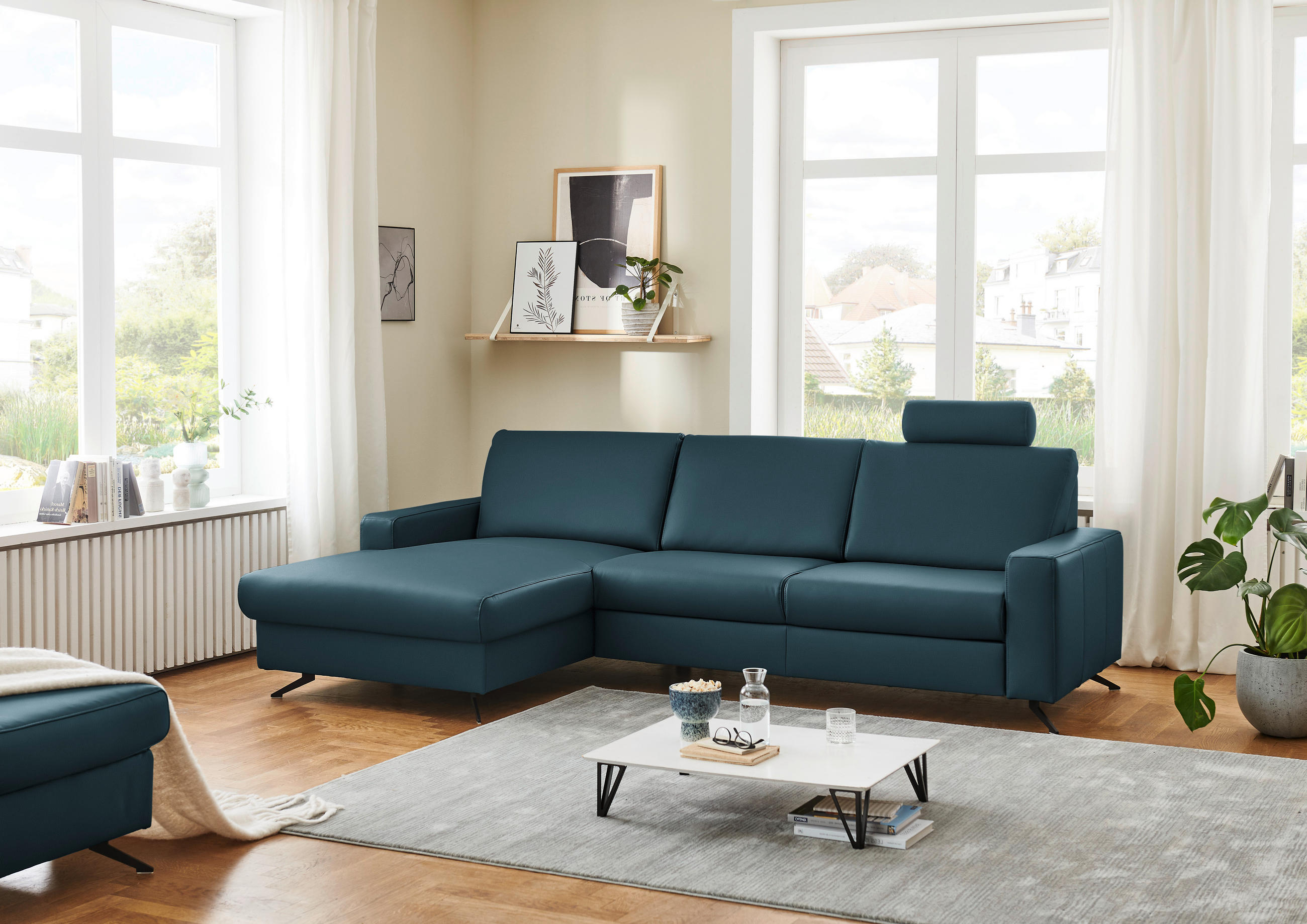 ECKSOFA in Echtleder Blau  165/267 cm  - Blau/Schwarz, Design, Leder/Metall (165/267cm) - Lomoco