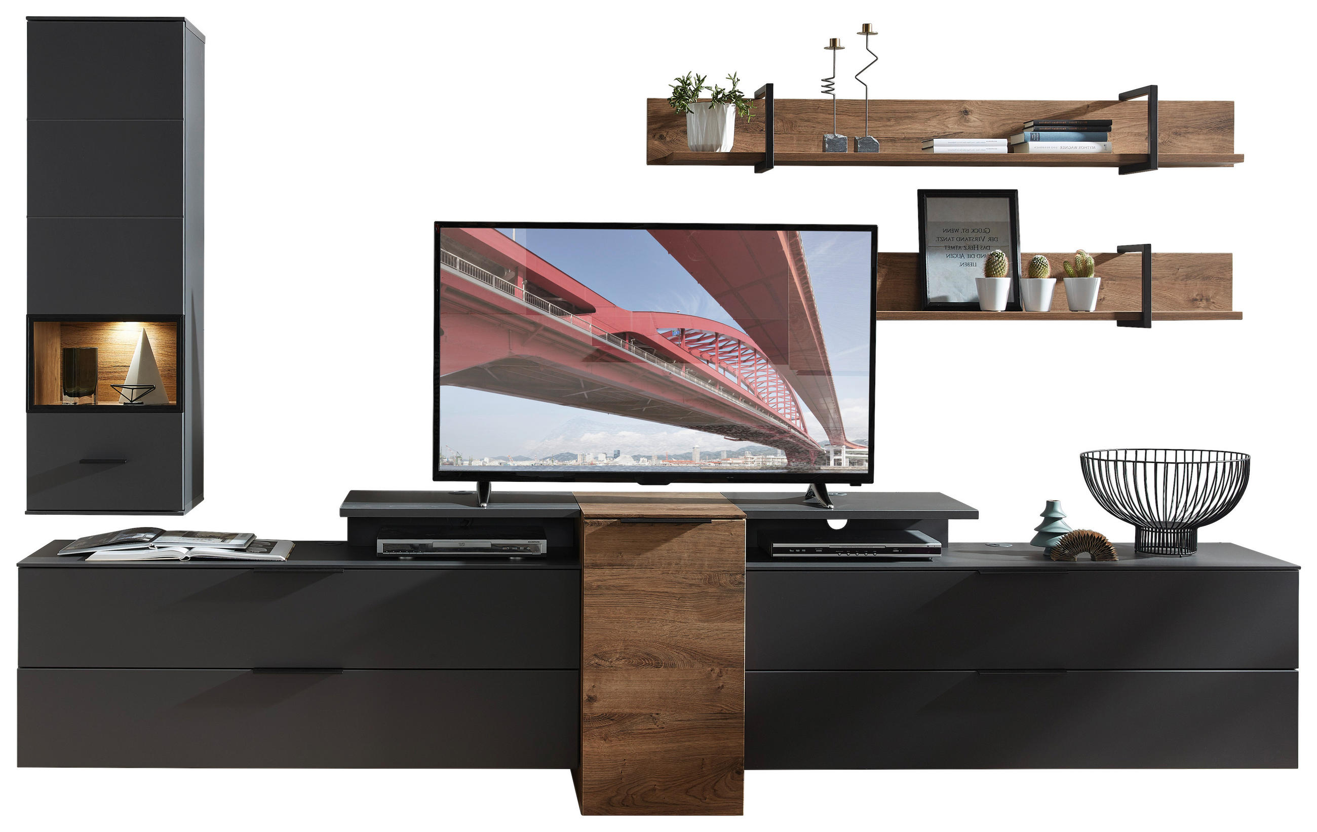 OBÝVACÍ STĚNA, barvy grafitu, barvy dubu - černá/barvy dubu, Moderní, kov/kompozitní dřevo (320/199/50cm) - Livetastic