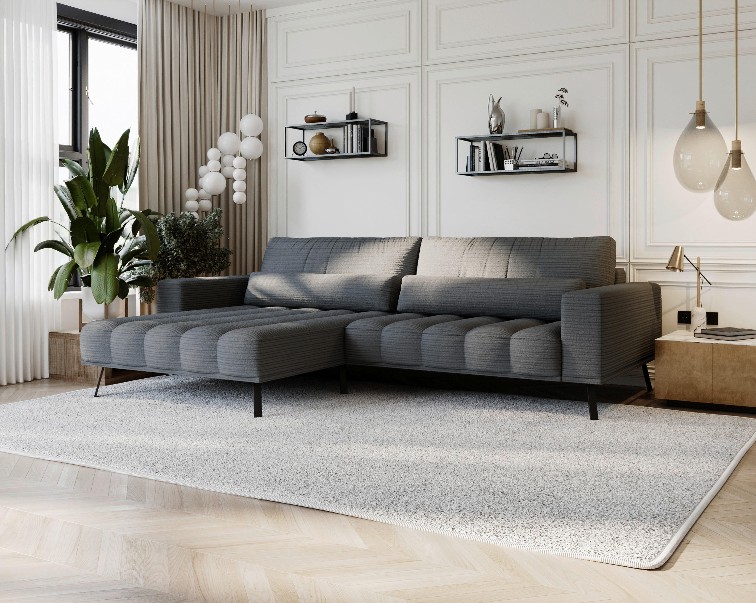 Thumbnail - Lomoco Ecksofa, Anthrazit, Textil, 3-Sitzer, Füllung: Schaumstoffflocken,Schaumstoffflocken, Ottomane links, L-Form, 291...