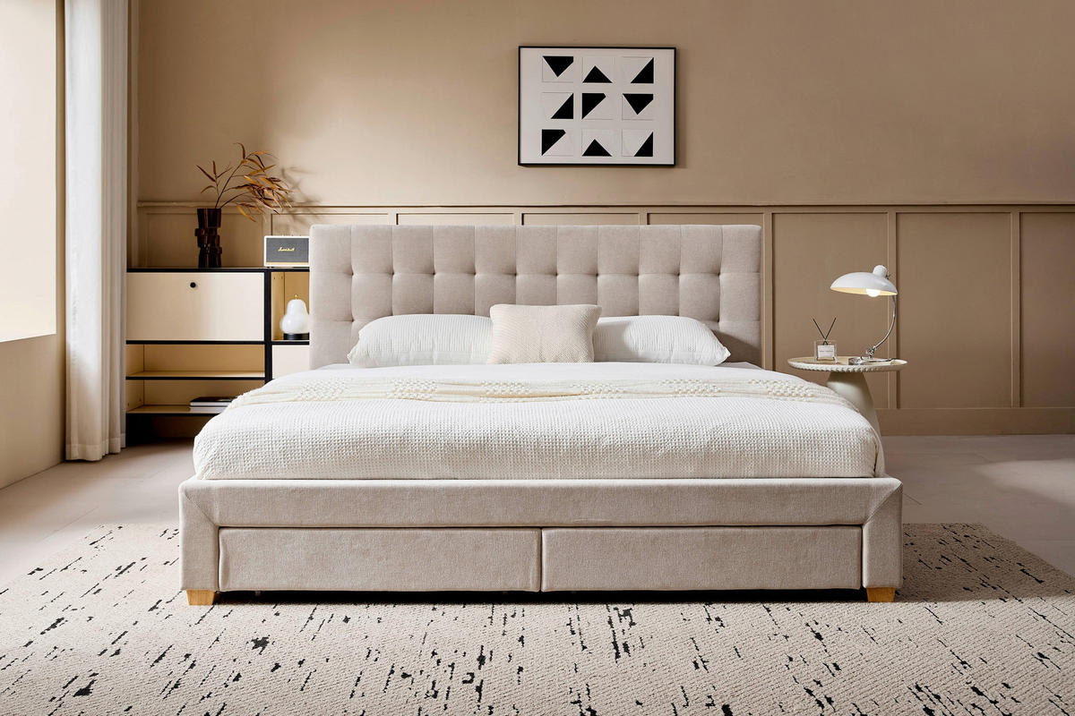 POLSTERBETT 140/200 cm, inkl. gepolstertes Kopfteil, Lattenrost, Bettschubladen,  in Beige  - Beige/Naturfarben, Design, Holz/Textil (140/200cm) - Boxxx
