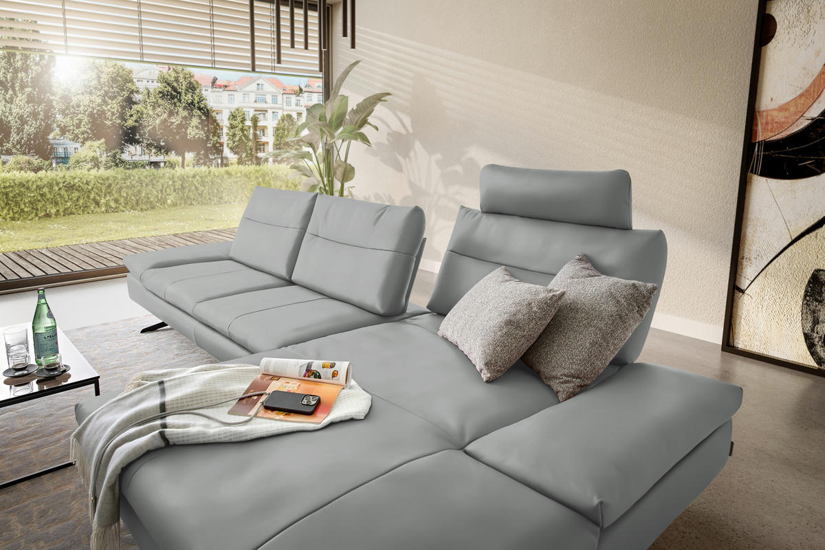 ECKSOFA in Echtleder Grau  - Schwarz/Grau, Modern, Leder/Metall (342/158cm) - Chilliano