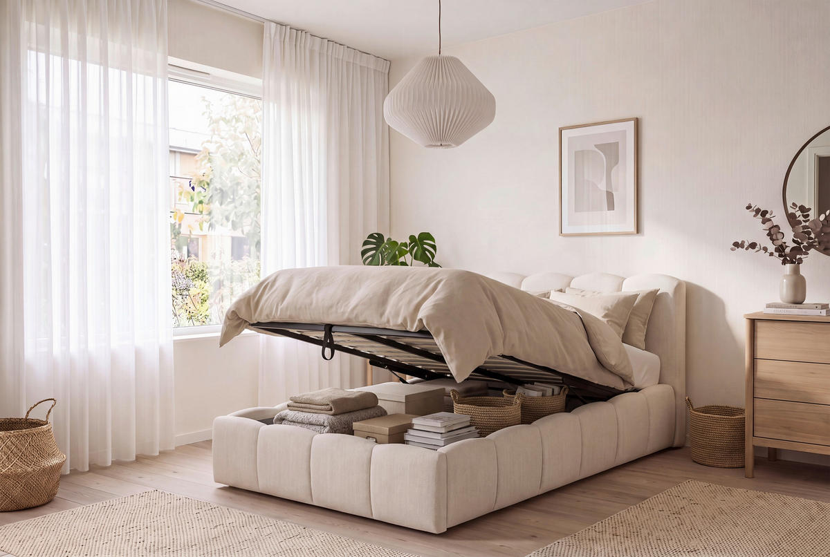 POLSTERBETT 90/200 cm  Creme  - Creme/Schwarz, Modern, Holz/Kunststoff (90/200cm) - Livetastic