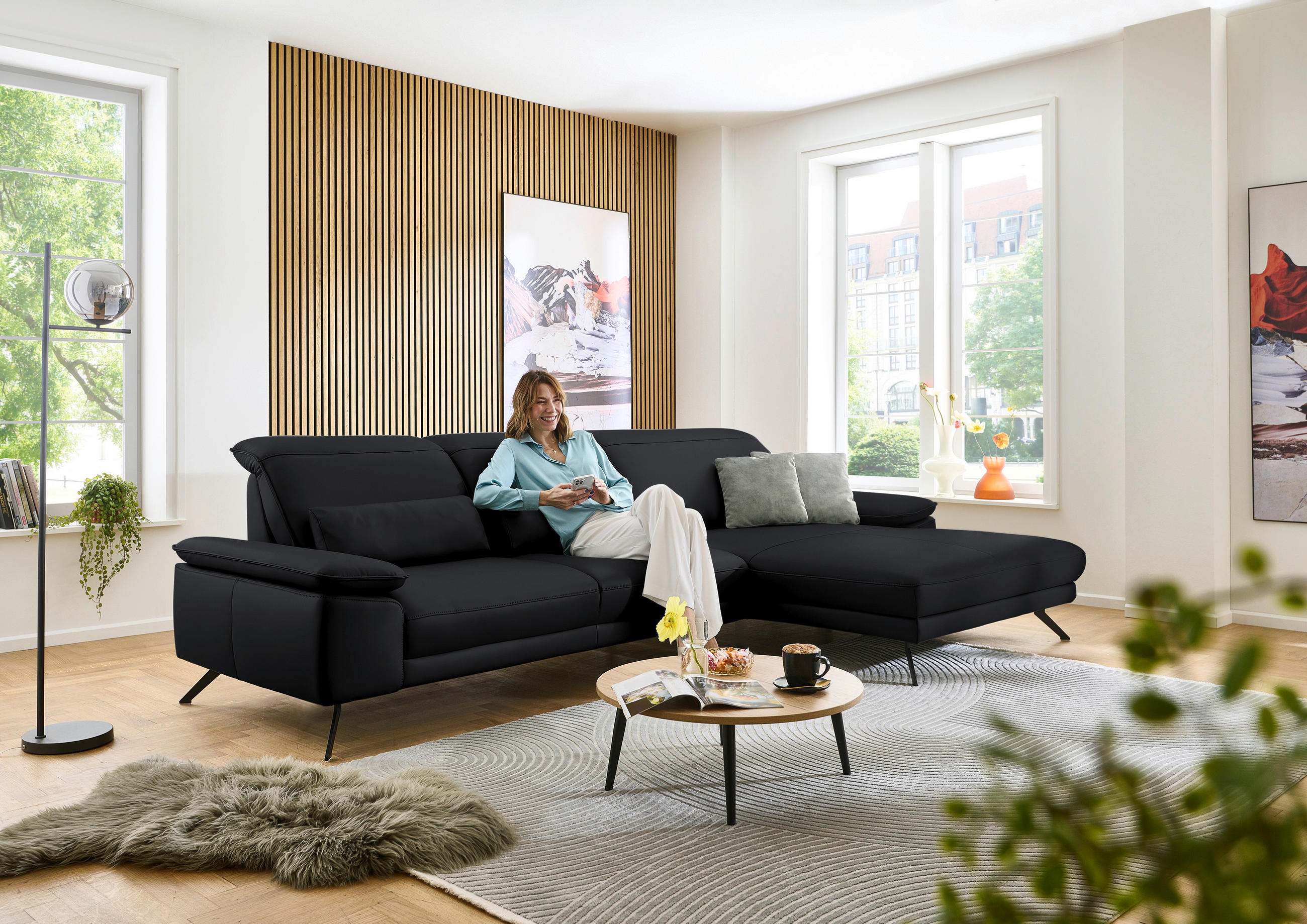 ECKSOFA in Echtleder Anthrazit  - Anthrazit/Schwarz, Design, Leder/Metall (332/193cm) - Dieter Knoll
