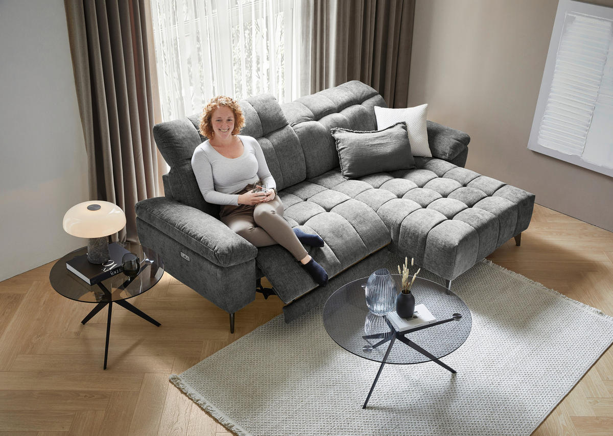 ECKSOFA inkl. Funktionen Dunkelgrau Chenille  - Edelstahlfarben/Dunkelgrau, Design, Textil/Metall (266/105-178cm) - Xora