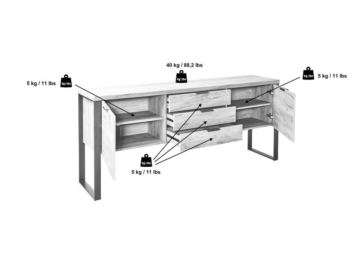 SIDEBOARD  in 180/76/40 cm  - Eichefarben/Weiß, KONVENTIONELL, Holzwerkstoff/Metall (180/76/40cm) - Livetastic