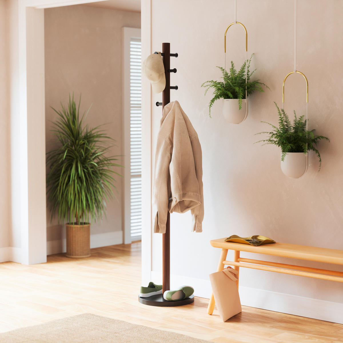 ŠATNÍ STOJAN - tmavě hnědá, Basics, dřevo (51/165cm) - Umbra